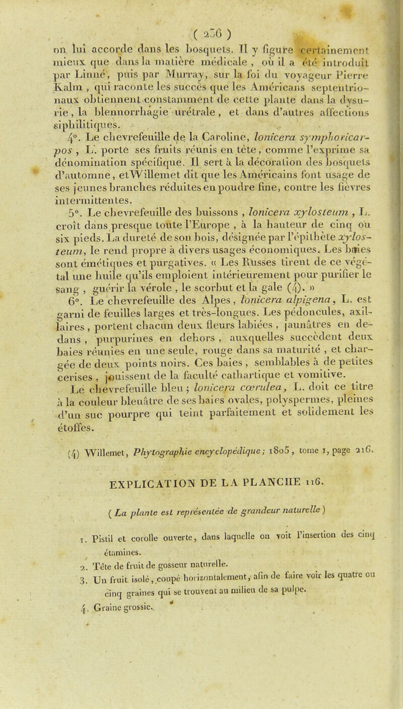 ( 2Z6 ) on lui accortle dans les bosquets. II y figure certainemenl mienx que clans la rnaliere medicate , oil il a etc introduit par Linne, puis par Murray, sur la foi du voyageur Pierre Kalm , qui racbate les succes que les Americans septentrio- naux obtiennent constamment de ceLte ])lante clans la dvsu- rie , la blennorrhagie uretrale , et dazis d'autres affections siphilitiques. 4°. Le clievrefeuille de la Caroline, lonicera symplioricar- pos , L. porle ses fruits reunis en tete, coimne I'expriine sa denomination specifique. II sert a la decora lion des bosquets d'automne, etWillemet dit que les Americains font usage de ses jeunesbrandies reduitesenpoudre fine, contre les fievres intermittentes. 5°. Le clievrefeuille des buissons , lonicera xylosieum , L. croit dans presque toute l'Europe , a la hauteur de cinq ou six pieds. La clurete de son bois, designee par i'epilbcle xjlos- teum, le rend propre a divers usages economiqu.es, Les bilies sont emetiques et purgatives. « Les Kusses tirent de ce vege - tal une buile ciu'ils emploient interieurement pour purifier le sang , guerir la verole , le scorbut et la gale (4). » 6°. Le chevrefeuille des Alpes, lonicera alpigena, L. est garni de feuilles larges et tres-longues. Les pedoncules, axil- laires , portent cbacun deux fleurs labiees , jaunalres en de- dans , purpurines en dehors , auxcjuelles succcdeut deux baies reunies en une seule, rouge dans sa maturite , et char- gee de deux points noirs. Ces baies , semblables a de petites cerises , jouissent de la faculle catbarticjue et vomitive. Le clievrefeuille bleu; lonicera ccendea, L. doit ce titre a la couleur bleuatre de ses baies ovales, polyspermes, pleiues d'un sue pourpre qui teint parfaitement et solidement les etoffes. (/j) Willemet, Phftngraphie cncyclopedique; i8o5, tome i, page 3iG. EXPLICATION DE LA PLANCIIE 116. ( La planle esl representee de grandeur naturelle ) 1. Pistil et cotolle ouverte, dans laquelle on voit l'inserlion ties cinq etnmincs. 2. Tcte de fruit de gosscnr natnrelle. 3. Un fruit isole,.coupe horizonlalcment, afin de faire voir les quatrc OU cinq graines qui se trouvent au milieu de sa pulpe. \. Giainc grossie. *