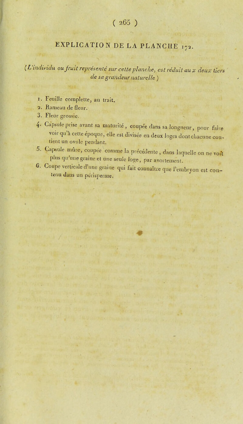 ( 265 ) EXPLICATION DE LA PLANCHE 173. (L'mdmdu oujruit represenle siir cetteplanche, est reduil au x deux tiers de sa grandeur nalurelle ) I. Feuille coinplette, au trait, a. Rameyii de fleur. 3. Fleur grossic. 4. Capsule prise avant sa maturite , eoup^e dans sa longueur, pour faire voir qu'h cette epoquc, elle est divisee en deux loges dontcliacune cou- lient un ovule pendant. 5. Capsule mfire, coupee comme la precedentc , dans Inquclle on ne vo.'t plus qu'unegraine et uiie seule loge, par avorteirieni. 6. Coupe verticaled'une graine qui fait eonnaitie que IVmbrjon est con- tenu daus un pcrisperrae.