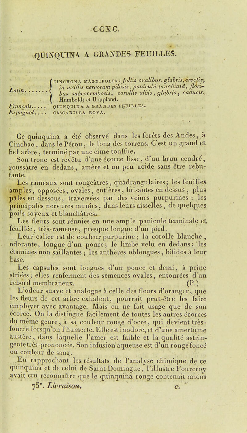 ccxc. QUINQUINA. A GRANDES FEUILLES. !cinchona MAGNiFOLiA.;/o/t£i ovalibus,glabris, ercctis-, ill axillis nervorum pilosis ; paniculd braehiatd, floii- bus sudcorymbosis, corollis albis, glabris , caducis.. Humboldt et Boppland. Francais..... quinquina a grandes fjvjilles. Espagnol. . . . CASC ARILL A EOVA. Ce quinquina a etc observe dans les forets des Andes, a Cinchao, dans le Pe'rou, le long des torrens. C'est uu grand et Bel arbre , termine' par une cime touffue. Son tronc est revetu d'une e'corce lisse, d'un bruh cendre', roussatre en dedans, amere et un peu acide sans etre rebu- tante. Les rameaux sont rougeatres, quadrangulaires; les feuilles amples , opposc'es, ovales , entieres , luisantes en dessus , plus pales en clessous, traverse'es par des veines purpurines : les principals nervures rauriies, dans leurs aisselles , de quelqucs poils soyeux. et blanchatres. Les lleurs sont reunies en une ample panicule terminale et feuille'e, tres-rameuse, presque longue d'un pied. Leur calice est de couleur purpurine; la corolle blanche , odorante, longue d'un pouce; le limbe velu en dedans; les c'tamines non saillantes ; les antheies oblongues , bifides a leur base. Les capsules sont longues d'un pouce et demi, a peine strie'es; elles renferment des semences ovales, entouie'es d'uu rebord niembraneux. (P.) L'odeur suave et analogue a celle des fleurs d'orangcr, que les fleurs de cet arbre exhalent, pourrait peut-etre les faire employer avec avantage. Mais on ne fait usage que de son e'corce. On la distingue facilement de toutes les autres e'eorces du meme genre, a sa couleur rouge d'ocre, qui devient tres- foncee lorsqu'on l'humecle. Elle est inodoie, et d'une amertume austere, dans laquelle l'amer est faible et la qualite aslrin- gentetres-prononce'e. Son infusio.n aqueuse est d'un rouge fonce ou couleur de sang. En rapprocliant les rc'sultats de l'anatyse cbimique de ce quinquina et de celui de Saint-Dominguc , l'illus'tre Fourcroj avait cru reconnaitre que le quinquina rouge conlenait moins y5e. Lwraison. c.