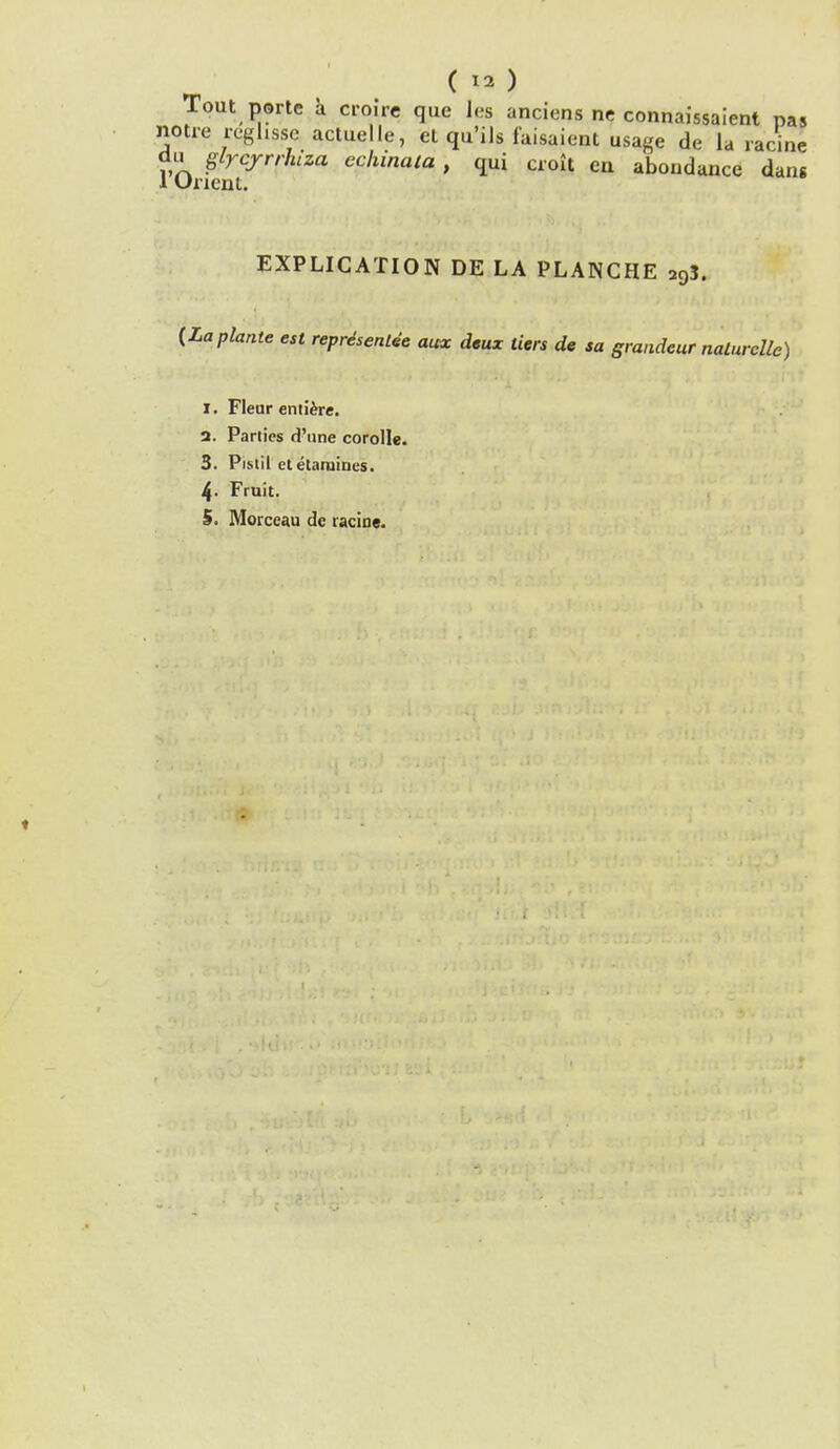 Tout porte a croire que Jes anciens ne connaissaient pas notre rcghssc actuelle, el qu'ils faisaient usage de la racine du gfycyrrhza echinala , qui croit en abondance dang 1 Unent. EXPLICATION DE LA PLANCHE 2g3. {Laplante est reprdsenlde aux deux tiers de sa grandeur nalurcllc) 1. Fleur emigre. 2. Parlies (Tune corolle. 3. Pistil etetaruines. 4- Fruit. 5. Morceau dc racine.