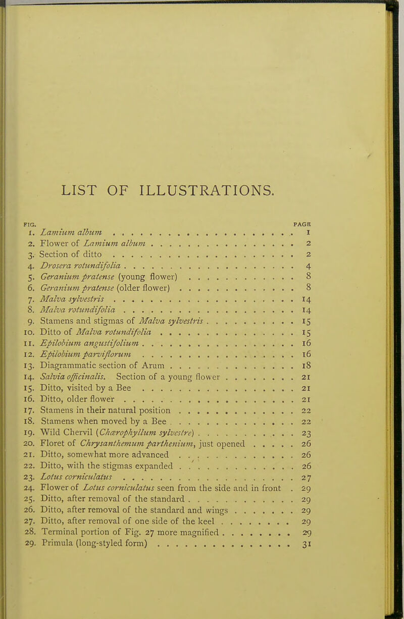 LIST OF ILLUSTRATIONS. FIG. PAGB X. Lamium album I 2. Flower of Lamium album 2 3. Section of ditto 2 4. Drosera rotiindifolia 4 5. Geranium pratense (young flower) 8 6. Geratiium pratense (older flower) 8 7. Malva sylvestris 14 8. Malva rotundifolia 14 9. Stamens and stigmas of Malva sylvestris IS 10. T>\\.io oi Malva roiundifplia 15 11. Epilobium angusdjolium 16 12. Epilobium parviflorian 16 13. Diagrammatic section of Arum 18 14. Salvia officinalis. Section of a young flower 21 15. Ditto, visited by a Bee 21 16. Ditto, older flower 21 17. Stamens in theirnatural position 22 18. Stamens when moved by a Bee 22 19. Wild Chervil {Cliarophyllum sylveslre) 23 20. Floret of Chrysanthemuni parthenium, just opened 26 21. Ditto, somewhat more advanced 26 22. Ditto, with the stigmas expanded . .' 26 23. Lotus corniculatus 27 24. Flower of Lotus corniculatus seen from the side and in front . 29 25. Ditto, after removal of the standard 29 26. Ditto, after removal of the standard and wings 29 27. Ditto, after removal of one side of the keel 29 28. Terminal portion of Fig. 27 more magnified 29 29. Primula (long-styled form) 31