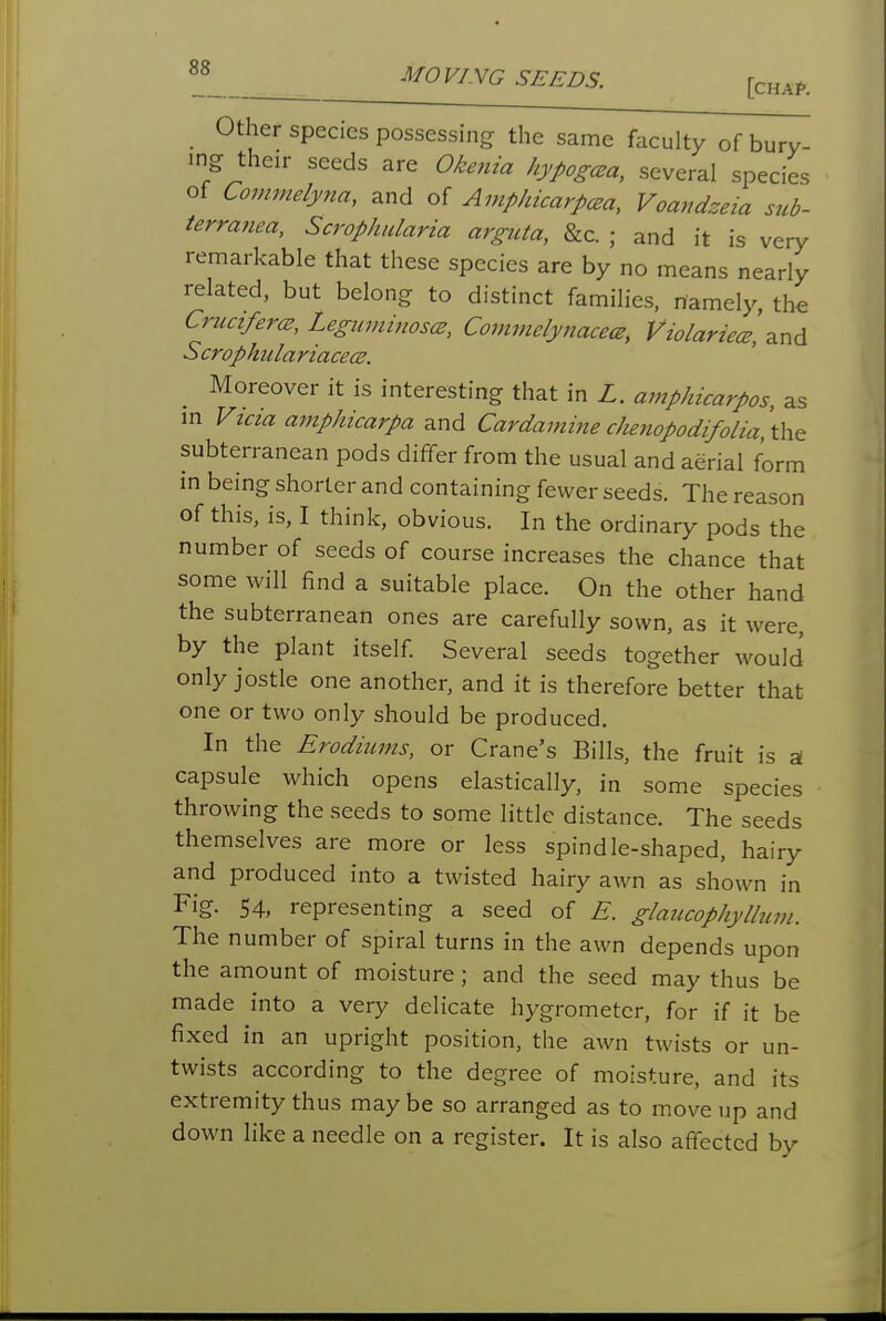 MOVING SEEDS. Other species possessing the same faculty of bury- ing their seeds are Okenia hypogcBa, several species of Covwtelyna, and of Amphicarpc^a, Voandzeia sub- terranea, Scrophnlaria arguta, &c. ; and it is very remarkable that these species are by no means nearly related, but belong to distinct families, namely, the Crucifer(z, Leguviinoscs, Co^nmelynacecB, ViolarieceUnd ScrophulariacecB. Moreover it is interesting that in L. amphicarpos, as in Vicia amphicarpa and Cardamiiie che7iopodifolia\\\^ subterranean pods differ from the usual and aerial form m being shorter and containing fewer seeds. The reason of this, is, I think, obvious. In the ordinary pods the number of seeds of course increases the chance that some will find a suitable place. On the other hand the subterranean ones are carefully sown, as it were, by the plant itself Several seeds together would only jostle one another, and it is therefore better that one or two only should be produced. In the Erodiums, or Crane's Bills, the fruit is a capsule which opens elastically, in some species throwing the seeds to some little distance. The seeds themselves are more or less spindle-shaped, hairy and produced into a twisted hairy awn as shown in Fig. 54, representing a seed of E. glaucophyllum. The number of spiral turns in the awn depends upon the amount of moisture ; and the seed may thus be made into a very delicate hygrometer, for if it be fixed in an upright position, the awn twists or un- twists according to the degree of moisture, and its extremity thus may be so arranged as to move up and down like a needle on a register. It is also affected by
