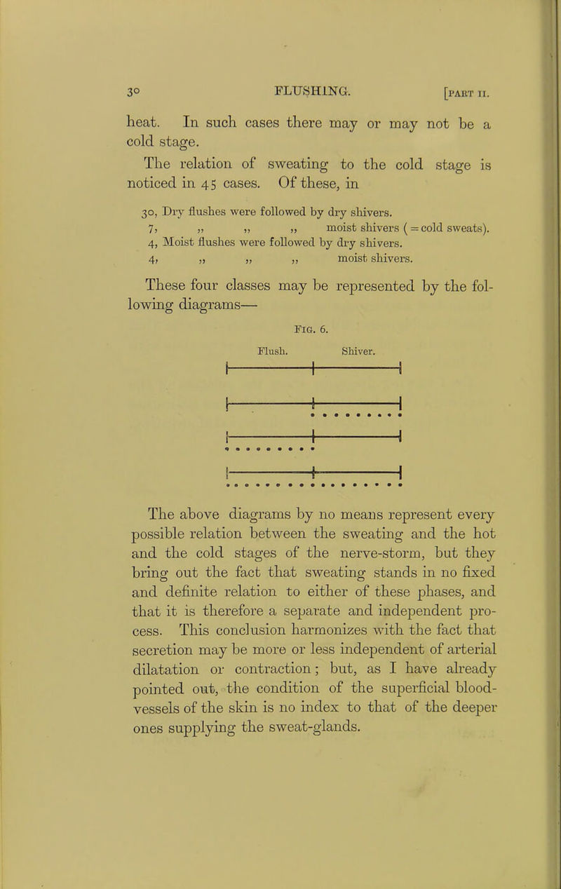 heat. In such cases there may or may not be a cold stage. The relation of sweating to the cold stage is noticed in 4 5 cases. Of these, in 30, Dry flushes were followed by dry shivers. 7, ,, ,, ,, moist shivers ( = cold sweats). 4, Moist flushes were followed by dry shivers. 4, „ „ „ moist shivers. These four classes may be represented by the fol- lowing diagrams— fig. 6. Flush. Shiver. \ -1 H \— tTTT :.T.! rrrr7777f- 1 i— —IH 1 The above diagrams by no means represent every possible relation between the sweating and the hot and the cold stages of the nerve-storm, but they bring out the fact that sweating stands in no fixed and definite relation to either of these phases, and that it is therefore a separate and independent pro- cess. This conclusion harmonizes with the fact that secretion may be more or less independent of arterial dilatation or contraction; but, as I have already pointed out, the condition of the superficial blood- vessels of the skin is no index to that of the deeper ones supplying the sweat-glands.