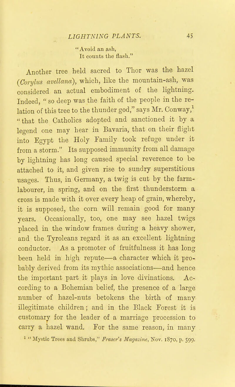 Avoid an ash, It counts the flash. Another tree held sacred to Thor was the hazel (Corylus avellana), which, like the mountain-ash, was considered an actual embodiment of the lightning. Indeed,  so deep was the faith of the people in the re- lation of this tree to the thunder god, says Mr. Conway,^ that the Catholics adopted and sanctioned it by a legend one may hear in Bavaria, that on their flight into Egypt the Holy Family took refuge under it from a storm. Its supposed immunity from all damage by lightning has long caused special reverence to be attached to it, and given rise to sundry superstitious usages. Thus, in Germany, a twig is cut by the farm- labourer, in spring, and on the first thunderstorm a cross is made with it over every heap of grain, whereby, it is supposed, the corn will remain good for many years. Occasionally, too, one may see hazel twigs placed in the window frames during a heavy shower, and the Tyroleans regard it as an excellent lightning conductor. As a promoter of fruitfulness it has long been held in high repute—a character which it pro- bably derived from its mythic associations—and hence the important part it plays in love divinations. Ac- cording to a Bohemian belief, the presence of a large number of hazel-nuts betokens the birth of many illegitimate children; and in the Black Forest it is customary for the leader of a marriage procession to carry a hazel wand. For the same reason, in many ^  Mystic Trees and Shrubs, Fi-aser's Magazine, Nov. 1870, p. 599.