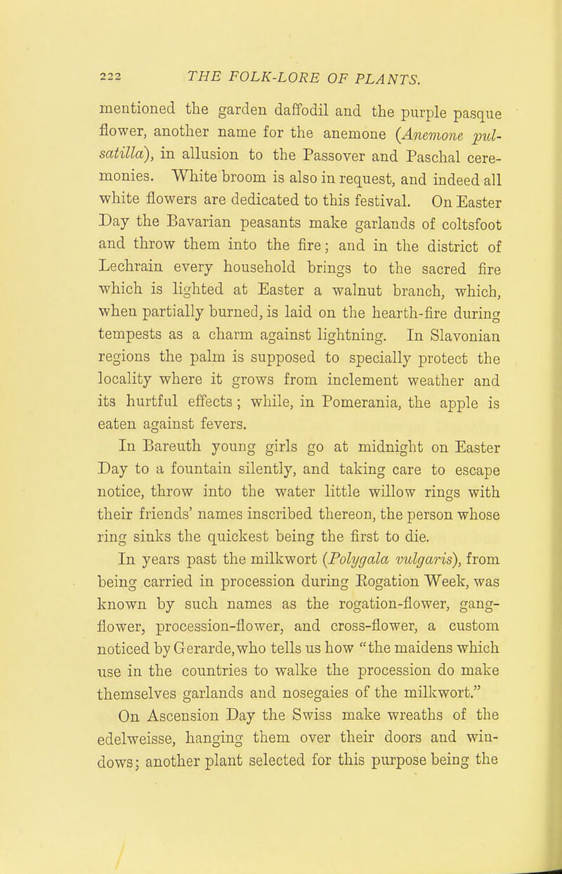 mentioned the garden daffodil and the purple pasque flower, another name for the anemone {Anemone Pul- satilla), in allusion to the Passover and Paschal cere- monies. White broom is also in request, and indeed all white flowers are dedicated to this festival. On Easter Day the Bavarian peasants make garlands of coltsfoot and throw them into the fire; and in the district of Lechrain every household brings to the sacred fire which is lighted at Easter a walnut branch, which, when partially burned, is laid on the hearth-fire during tempests as a charm against lightning. In Slavonian regions the palm is supposed to specially protect the locality where it grows from inclement weather and its hurtful effects ; while, in Pomerania, the apple is eaten against fevers. In Bareuth young girls go at midnight on Easter Day to a fountain silently, and taking care to escape notice, throw into the water little willow rings with their friends' names inscribed thereon, the person whose ring sinks the quickest being the first to die. In years past the milkwort [Polygala vulgaris), from being carried in procession during Eogation Week, was known by such names as the rogation-flower, gang- flower, procession-flower, and cross-flower, a custom noticed by Gerarde,who tells us how the maidens which use in the countries to walke the procession do make themselves garlands and nosegaies of the milkwort. On Ascension Day the Swiss make wreaths of the edelweisse, hanging them over their doors and win- dows; another plant selected for this purpose being the