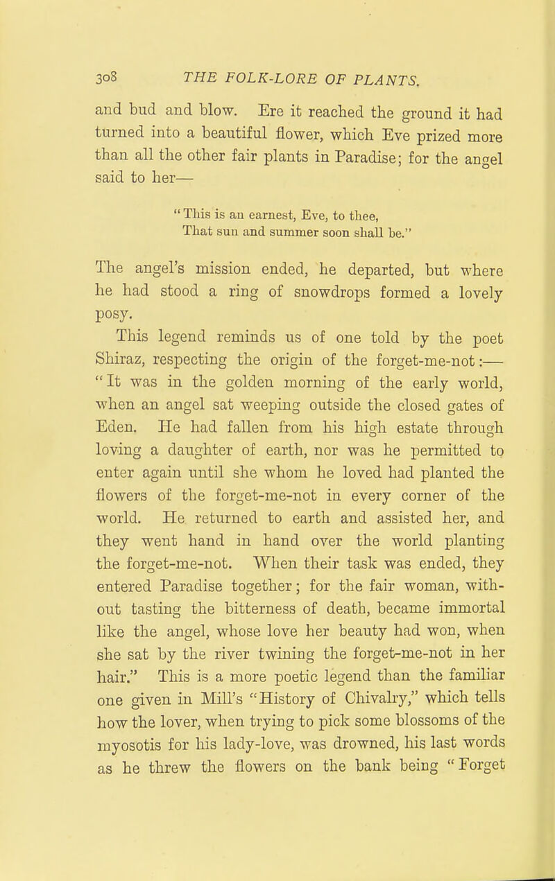 and bud and blow. Ere it reached the ground it had turned into a beautiful flower, which Eve prized more than all the other fair plants in Paradise; for the angel said to her—  This is an earnest, Eve, to tliee, That sun and summer soon shall he. The angel's mission ended, he departed, but where he had stood a ring of snowdrops formed a lovely posy. This legend reminds us of one told by the poet Shiraz, respecting the origin of the forget-me-not:— It was in the golden morning of the early world, when an angel sat weeping outside the closed gates of Eden. He had fallen from his high estate through loving a daughter of earth, nor was he permitted to enter again until she whom he loved had planted the flowers of the forget-me-not in every corner of the world. He returned to earth and assisted her, and they went hand in hand over the world planting the forget-me-not. When their task was ended, they entered Paradise together; for the fair woman, with- out tasting the bitterness of death, became immortal like the angel, whose love her beauty had won, when she sat by the river twining the forget-me-not in her hair. This is a more poetic legend than the familiar one given in Mill's History of Chivahy, which tells how the lover, when trying to pick some blossoms of the myosotis for his lady-love, was drowned, his last words as he threw the flowers on the bank being Forget