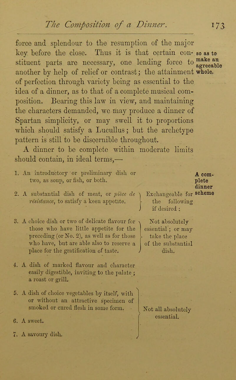 The Composition of a Dinner. 17\ force and splendour to the resumption of the major key before the close. Thus it is that certain con- so as to stituent parts are necessary, one lending- force to ^re®^0 another by help of relief or contrast; the attainment whole, of perfection through variety being as essential to the idea of a dinner, as to that of a complete musical com- position. Bearing this law in view, and maintaining the characters demanded, we may produce a dinner of Spartan simplicity, or may swell it to proportions which should satisfy a Lucullus; but the archetype pattern is still to be discernible throughout. A dinner to be complete within moderate limits should contain, in ideal terms,— 1. An introductory or preliminary dish or two, as soup, or fish, or both. 2. A substantial dish of meat, or piece cle resistance, to satisfy a keen appetite. A com- plete dinner Exchangeable for scheme the following if desired : 3. A choice dish or two of delicate flavour for those who have little appetite for the preceding (or No. 2), as well as for those who have, but are able also to reserve a place for the gratification of taste. \ Not absolutely essential; or may - take the place of the substantial / dish. 4. A dish of marked flavour and character easily digestible, inviting to the palate ; a roast or grill. 5. A dish of choice vegetables by itself, with or without an attractive specimen of smoked or cured flesh in some form. \ Not all absolutely essential. 6. A sweet. 7. A savoury dish. /