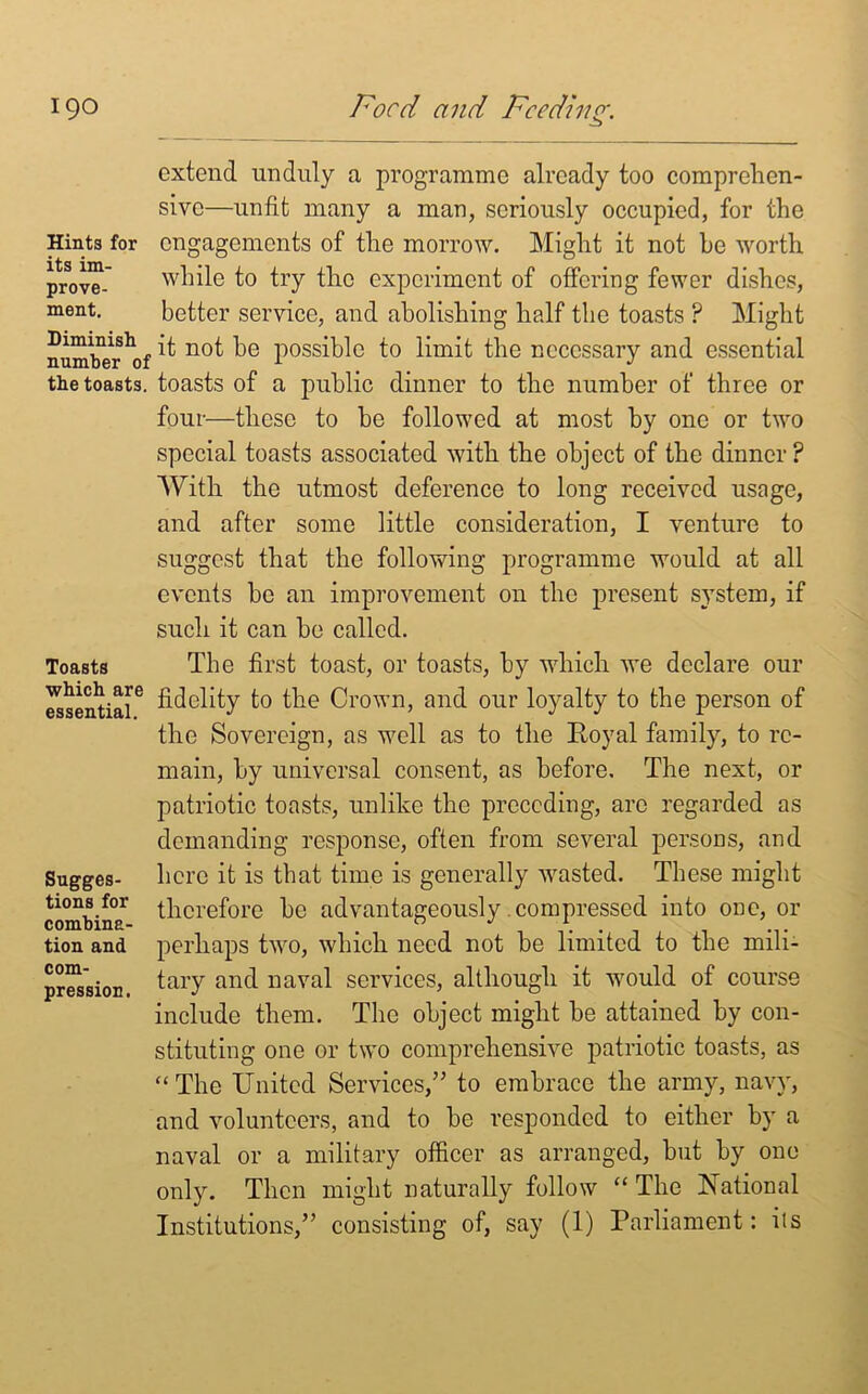 extend unduly a programme already too comprehen- sive—unfit many a man, seriously occupied, for the Hints for engagements of the morrow. Might it not be worth its lm win Ip f n trv flip PYnnmnpn f nf nfforinn' fonror rliclino four—these to he followed at most by one or two With the utmost deference to long received usage, and after some little consideration, I venture to suggest that the following programme would at all events be an improvement on the present system, if such it can be called. essential6 fidelity to the Crown, and our loyalty to the person of main, by universal consent, as before. The next, or patriotic toasts, unlike the preceding, arc regarded as demanding response, often from several persons, and Sugges- here it is that time is generally wasted. These might pression tary ancl liaval services, although it would of course include them. The object might be attained by con- stituting one or two comprehensive patriotic toasts, as “The United Services,” to embrace the army, navy, and volunteers, and to be responded to either by a naval or a military officer as arranged, but by one only. Then might naturally follow “ The National Institutions,” consisting of, say (1) Parliament: ils ment- better service, and abolishing half the toasts ? Might number*of ^ no^ P0SSiW° 1° limit the necessary and essential the toasts, toasts of a public dinner to the number of three or special toasts associated with the object of the dinner? Toasts The first toast, or toasts, by which we declare our the Sovereign, as well as to the Poyal family, to rc- tions for combina- tion and com- thcrefore be advantageously compressed into one, or perhaps two, which need not be limited to the mili-