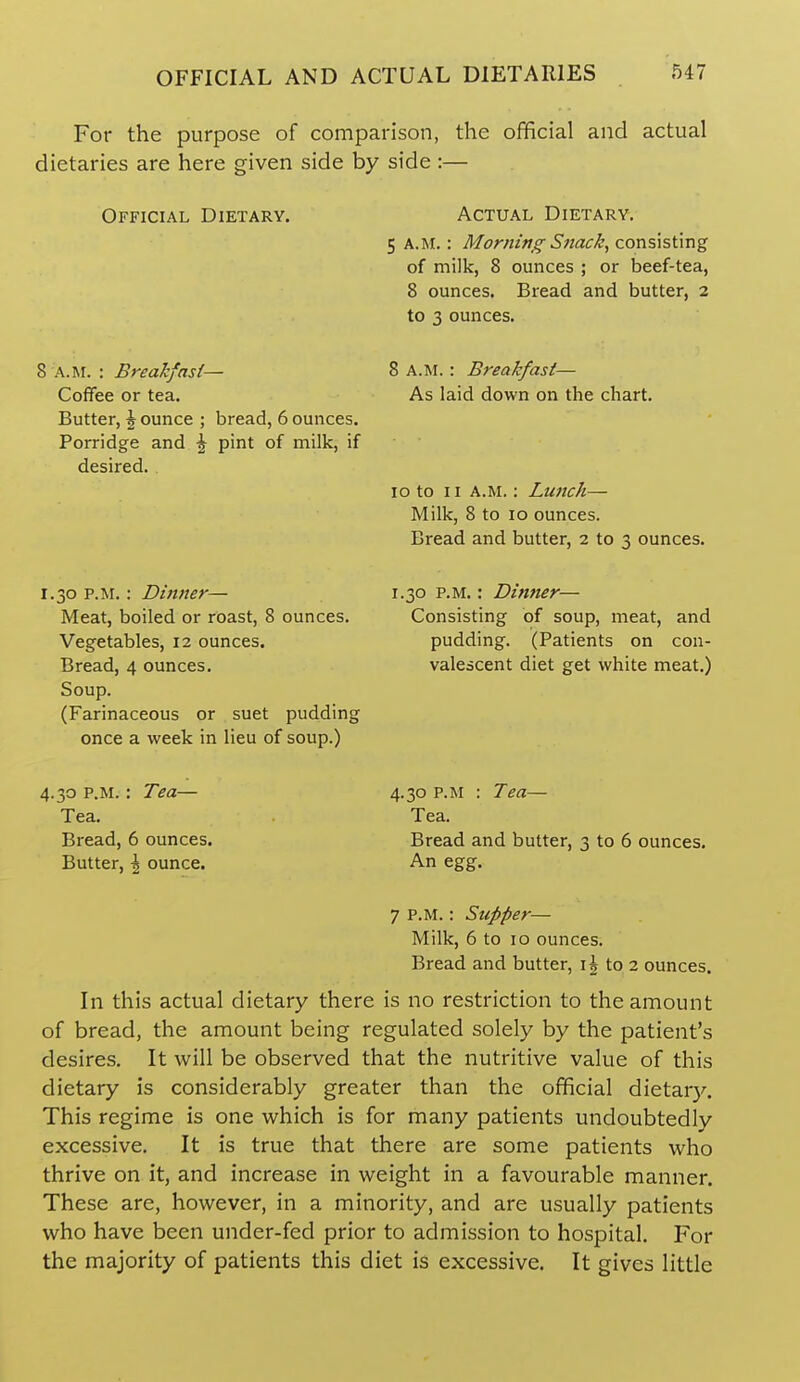 For the purpose of comparison, the official and actual dietaries are here given side by side :— Official Dietary. Actual Dietary. 5 A.M.: Morjiing'Sftack, cons\stmg of milk, 8 ounces ; or beef-tea, 8 ounces. Bread and butter, 2 to 3 ounces. 8 A.M. : Brealcfasi— 8 A.M. : Breakfast— Coffee or tea. As laid down on the chart. Butter, \ ounce ; bread, 6 ounces. Porridge and ^ pint of milk, if desired. ID to II A.M.: Lunch— Milk, 8 to ID ounces. Bread and butter, 2 to 3 ounces. 1.30 P.M. : Dinner— Meat, boiled or roast, 8 ounces. Vegetables, 12 ounces. Bread, 4 ounces. Soup. (Farinaceous or suet pudding once a week in lieu of soup.) 1.30 P.M.: Dinner— Consisting of soup, meat, and pudding. (Patients on con- valescent diet get white meat.) 4.30 P.M. : Tea— 4.30 p.m : Tea— Tea. Tea. Bread, 6 ounces. Bread and butter, 3 to 6 ounces. Butter. A ounce. An egg. 7 P.M.: Supper— Milk, 6 to 10 ounces. Bread and butter, i^ to 2 ounces. In this actual dietary there is no restriction to the amount of bread, the amount being regulated solely by the patient's desires. It will be observed that the nutritive value of this dietary is considerably greater than the official dietary. This regime is one which is for many patients undoubtedly excessive. It is true that there are some patients who thrive on it, and increase in weight in a favourable manner. These are, however, in a minority, and are usually patients who have been under-fed prior to admission to hospital. For the majority of patients this diet is excessive. It gives little