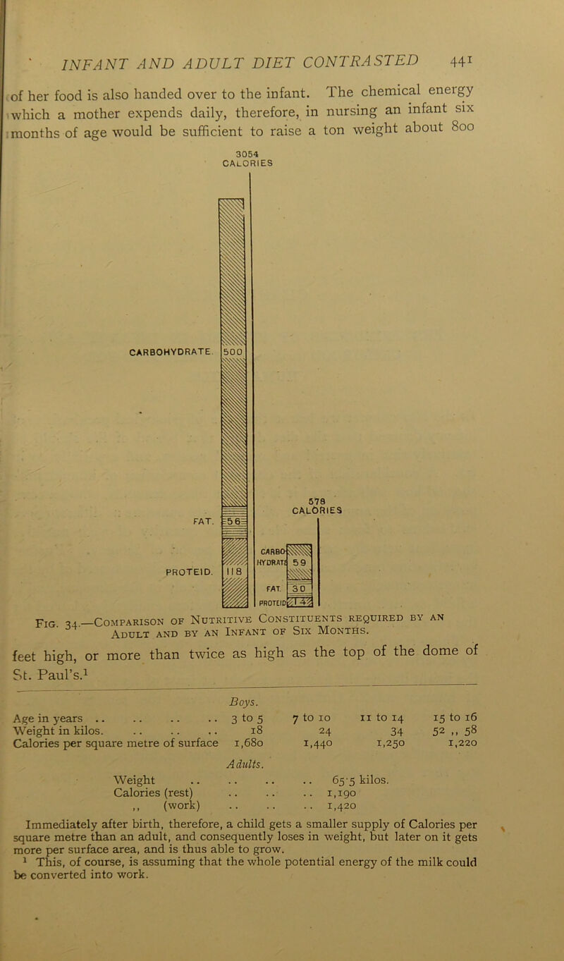 of her food is also handed over to the infant. The chemical energy which a mother expends daily, therefore, in nursing an infant six months of age would be sufficient to raise a ton weight about 800 3054 CALORIES Fig 44 Comparison of Nutritive Constituents required by an Adult and by an Infant of Six Months. feet high, or more than twice as high as the top of the dome of St. Paul’s.1 Boys. Age in years .. .. .. .. 3 to 5 Weight in kilos. .. .. .. 18 Calories per square metre of surface 1,680 Adults. Weight Calories (rest) ,, (work) 7 to 10 11 to 14 24 34 1,440 1,250 65 5 kilos. 1,190 1,420 15 to 16 52 58 1,220 Immediately after birth, therefore, a child gets a smaller supply of Calories per square metre than an adult, and consequently loses in weight, but later on it gets more per surface area, and is thus able to grow. 1 This, of course, is assuming that the whole potential energy of the milk could be converted into work.