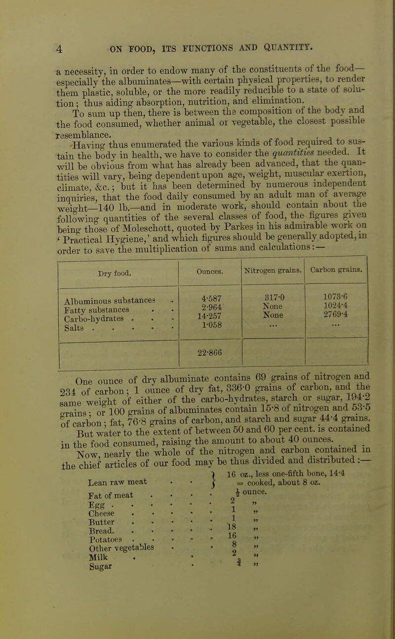 a necessity, in order to endow many of tlie constituents of the food— especially the albuminates—with cei-tain physical propei-ties, to render them plastic, soluble, or the more readily reducible to a state of solu- tion ; thus aiding absorption, nutrition, and elimination. To sum up then, there is between the composition of the body and the food consumed, whether animal or vegetable, the closest possible resemblance. _ p j • j ^ -Having thus enumerated the various Innds of food required to sus- tain the body in health, we have to consider the quantities needed. It will be obvious from what has already been advanced, that the quan- tities will vary, being dependent upon age, weight, muscular exertion, climate, &c.; but it has been determined by numerous independent inquiries, that the food daily consumed by an adult man of aveinge ^eiD-bt—140 lb.—and in moderate work, should contam about the following quantities of the several classes of food, the figm'es given being those of Moleschott, quoted by Parkes in his admirable work on ' Practical Hygiene,' and which figures should be generaUy adopted,in Dry food. Ounces. Nitrogen grains. Carbon grains. Albuminous substances Fatty substances Carbo-hydrates . 4-587 2-964 14-257 1-058 317-0 None None 1073-6 1024-4 2769-4 22-866 One ounce of dry albuminate contains 69 grains of nitrogen and 234 of carbon; 1 ounce of diy fat, 336-0 gi-ains of carbon, and the same weight of either of the carbo-hydrates starch or sugar, 194-2 sTains • or 100 grains of albuminates contain 15-8 of niti-ogen and 63-5 of carbon - fat, 76-8 grains of carbon, and starch and sugar 44-4 grains. But water to the extent of between 50 and 60 per cent, is contamed in the food consumed, raising the amount to about 40 ounces. _ Now nearly the whole of the nitrogen and carbon contained m the chief articles of our food may be thus di^-ided and disti-ibuted :— ■) 16 oz., less one-fifth bone, 14-4 Lean raw meat • • j Fat of meat Egg . Cheese Butter Bread. Potatoes Other vegetables Milk Sugar cooked, about 8 oz. J ounce. 2 1 1 18 16 8 2