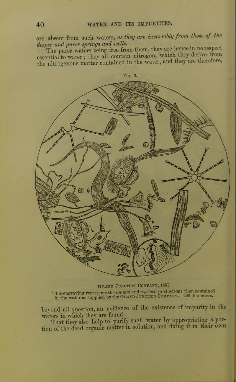 are aljsent from such waters, as they are invariably from those, of the deeper and purer swings and tvells. , The pm-er watera heing free from them, they are hence m no respect essential to water; they aU contain nitrogen, which they derive from the nitrogenous matter contained in the water, and they are therefore. Fig. 3, Grand Juncnoif Compajtt, 1851. This pnernvin» rpnresents the animal and TC(7etaWi'productions then contained in the water Is supplied by the Grakd JuNcnoN Compant. 220 diameters. beyond all question, an evidence of the existence of impurity in the waters iu which they are found. _ , That they also help to purify such water by appropnating a por- tion of the dead organic matter in solution, and fixing at in their own