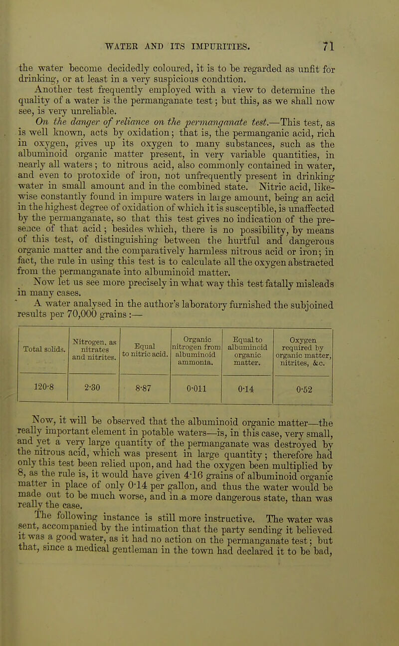 the water become decidedly colom-ed, it is to be regarded as unfit for drinking, or at least in a very suspicious condition. Another test frequently employed with a view to determine the quality of a water is the permanganate test; but this, as we shall now see, is veiy unreliable. On the danger of reliance on the permanc/anate test.—This test, as is well known, acts by oxidation; that is, the permanganic acid, rich in oxygen, gives up its oxygen to many substances, such as the albuminoid organic matter present, in very variable quantities, in nearly all waters ; to nitrous acid, also commonly contained in water, and even to protoxide of iron, not unfi-equently present in drinking water in small amount and in the combined state. Nitric acid, like- wise constantly found in impm-e waters in laige amount, being an acid in the highest degree of oxidation of which it is susceptible, is imaflPected by the permanganate, so that this test gives no indication of the pre- sence _ of that acid ; besides which, there is no possibility, by means of this test, of distinguishing between the hurtful and dangerous organic matter and the comparatively harmless nitrous acid or iron; in fact, the rule in using this test is to calculate all the oxygen abstracted from the permanganate into albuminoid matter. Now let us see more precisely in what way this test fatally misleads in many cases. A water analysed in the author's laboratory furnished the subjoined results per 70,000 grains :— Total solids. Nitrogen, as nitrates and nitrites. Equal to nitric acid. Organic nitrogen from albuminoid ammonia. Equal to albumiuoid organic matter. Oxygen required by organic matter, nitrites, &c. 120-8 2-30 8-87 0-011 0-14 0-52 Now, it will be observed that the albuminoid organic matter the really important element in potable waters—is, in this case, very small, and yet a very large quantity of the permanganate was destroyed by the nitrous acid, which was present in large quantity; therefore had only this test been relied upon, and had the oxygen been multiplied by 8, as the rule is, it would have given 4-16 gi-ains of albuminoid organic matter m place of only 0-14 per gallon, and thus the water would be made out to be much worse, and ia a more dangerous state, than was really the case. The following instance is stiU more instructive. The water was sent, accompamed by the intimation that the party sending it believed It was a good water, as it had no action on the permanganate test; but that, since a medical gentleman in the town had declared it to be bad,