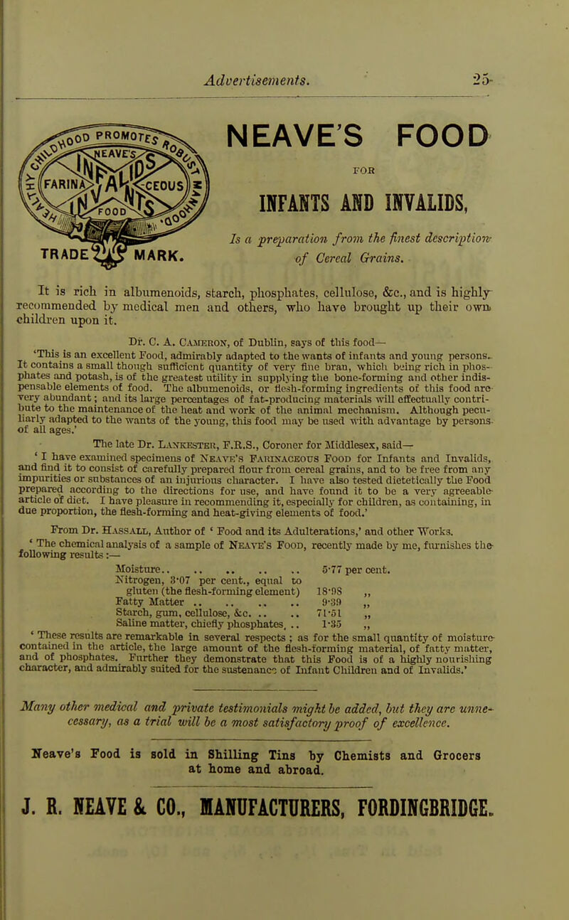 N EAVES FOOD FOR TRADE MARK. INFANTS AND INVALIDS, Is a ■pre})aration from the finest description- of Cereal Grains. It is rich in albumenoids, starch, phosphates, cellulose, &c., and is highly- recommended by medical men and others, who have brought up their own children upon it. Dr. C. A. C.uiKRON, of Dublin, says of this food— 'This is an excellent Food, admirably adapted to the wants of infants and young persons. It contains a small though sufficient quantity of very fine bran, which being rich in phos- phates and potash, is of the greatest iitiUty in supplying tlie bone-forming am\ other indis- pensable elements of food. The albumenoids, or flesh-forming ingredients of this food arc Tery abundant; and its large percentages of fat-producing materials will effectually contri- bute to the maintenance of the heat and work of the animal mechanism. Although pecu- liarly adapted to the wants of the young, this food may be used with advantage by persons- of all ages.' The late Dr. Laxkesteu, F.B.S., Coroner for Middlesex, said— ' I have examined specimens of Neave's Pauinaceous Food for Infants and Invalids, and find it to consist of carefully prepared flour from cereal grains, and to be free from any impurities or substances of an injurious character. I have also tested dietetically the Food prepared .according to the directions for use, and have found it to be a very agreeable- article of diet. I have pleasure in recommending it, especially for children, as containing, in due proportion, the flesh-forming and heat-giving elements of food.' From Dr. Hassall, Author of ' Food and its Adulterations,' and other Works. ' The chemical analysis of a sample of Neave's Food, recently made by me, furnishes the- following results:— Moisture 5-77 ■per cent. Kitrogen, 3*07 per cent., equal to gluten (the flesh-forming element) 18-OS ,, Fatty Matter 9-39 „ Starch, gum, cellulose, &c 7l51 „ Saline matter, chiefly phosphates, .. 1-3.5 „ ' These results are remarkable in several respects ; as for the small quantity of moisture- contained in the article, the large amount of the flesh-forming material, of fatty matter, and of phosphates. Further they demonstrate that this Food is of a highly nourishing character, and admirably suited for the sustenance of Infant Children and of Invalids.' Many other medical and 2>rivate testimonials might be added, but they are unne- cessary, as a trial will be a most satisfactory proof of excellence. Ifeave's Food is sold in Shilling Tins by Chemists and Grocers at home and abroad. J. R. NEAVE & CO., MANUFACTURERS, FORDINGBRIDGE.