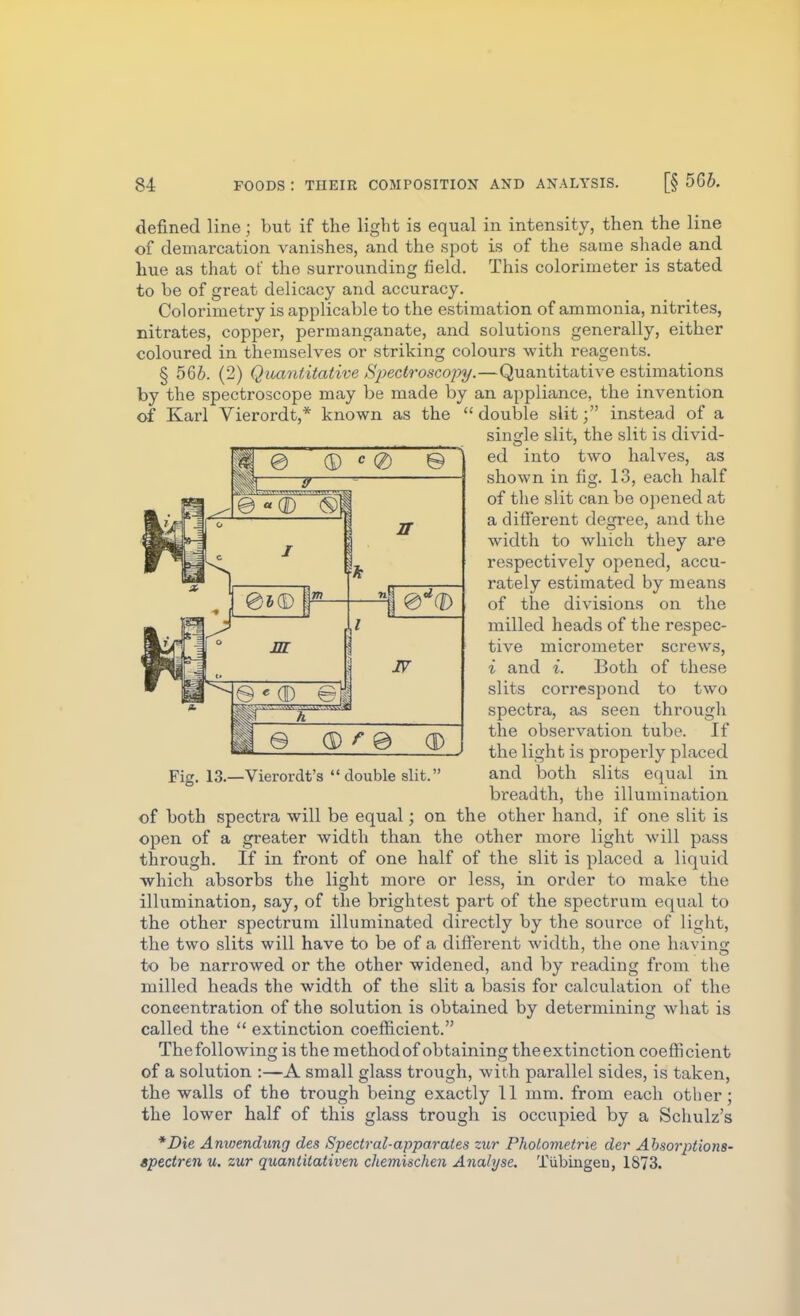 defined line; but if the light is equal in intensity, then the line of demarcation vanishes, and the spot is of the same shade and hue as that of the surrounding field. This colorimeter is stated to be of great delicacy and accuracy. Colorimetry is applicable to the estimation of ammonia, nitrites, nitrates, copper, permanganate, and solutions generally, either coloured in themselves or striking colours with reagents. § 566. (2) Quantitative Spectroscopy.—Quantitative estimations by the spectroscope may be made by an appliance, the invention of Karl Vierordt,* known as the  double slitinstead of a single slit, the slit is divid- ed into two halves, as shown in fig. 13, each half of the slit can be opened at a difierent degree, and the width to which they are respectively opened, accu- rately estimated by means of the divisions on the milled heads of the respec- tive micrometer screws, i and i. Both of these slits correspond to two spectra, as seen througli the observation tube. If the light is properly placed and both slits equal in breadth, the illumination of both spectra will be equal; on the other hand, if one slit is open of a greater width than the other more light will pass through. If in front of one half of the slit is placed a liquid which absorbs the light more or less, in order to make the illumination, say, of the brightest part of the spectrum equal to the other spectrum illuminated directly by the source of light, the two slits will have to be of a difli'erent width, the one having to be narrowed or the other widened, and by reading from the milled heads the width of the slit a basis for calculation of the concentration of the solution is obtained by determining what is called the  extinction coefficient. The following is the method of obtaining the extinction coefficient of a solution :—A small glass trough, with parallel sides, is taken, the walls of the trough being exactly 11 mm. from each other; the lower half of this glass trough is occupied by a Schulz's *Die Anwendung des Spectral-apparales zur Pholometrie der Absorptions- spectren u, zur quantitativen chemischen Analyse. Tlibingeu, 1873. Fig. 13.—Vierordt's double slit.