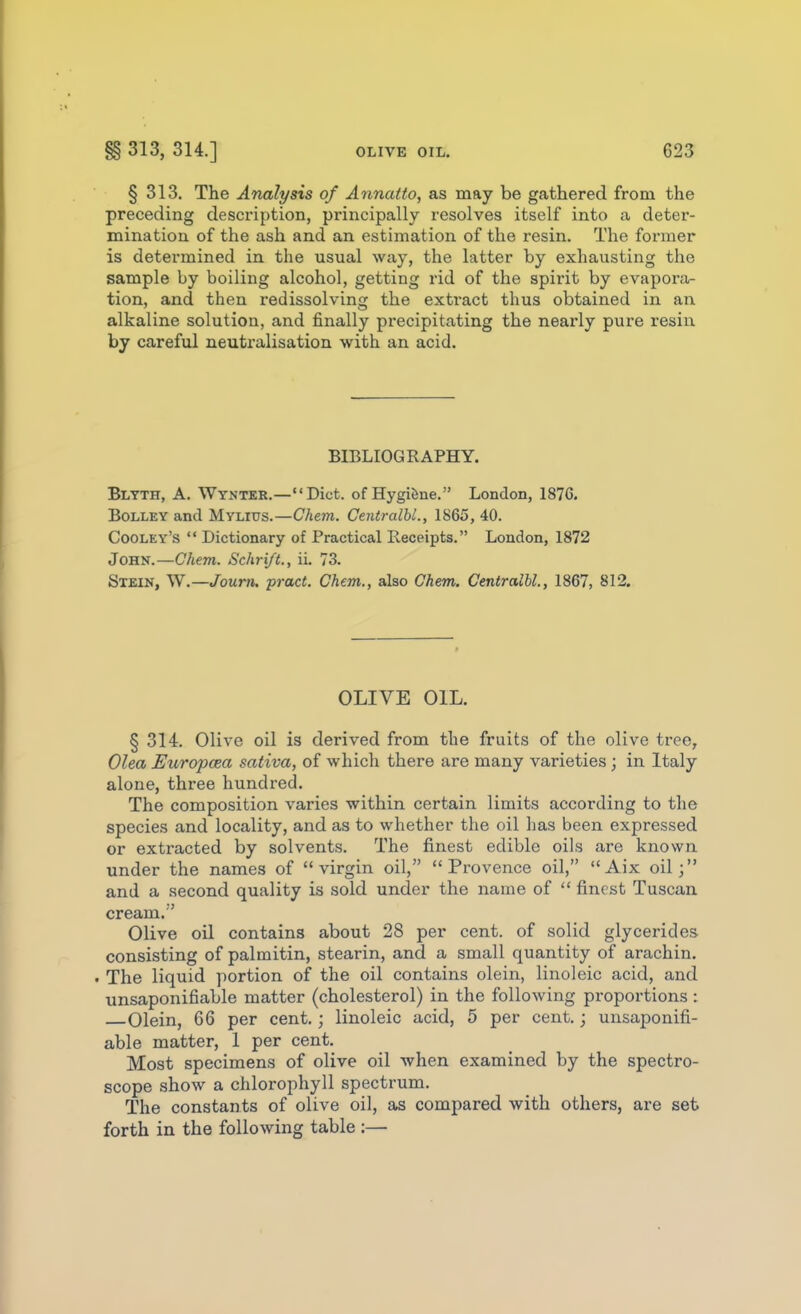 § 313. The Analysis of Annatto, as may be gathered from the preceding description, principally resolves itself into a deter- mination of the ash and an estimation of the resin. The former is detei'mined in the usual way, the latter by exhausting the sample by boiling alcohol, getting rid of the spirit by evapora- tion, and then redissolving the extract thus obtained in an alkaline solution, and finally precipitating the nearly pure resiu by careful neutralisation with an acid. BIBLIOGRAPHY. Blyth, a. Wynter.—Diet, of Hygiene. London, 1876. BoLLEY and Mylius.—Chem. Centralbl., 1865, 40. Cooley's  Dictionary of Practical Receipts. London, 1872 John.—Chem. Schrift., iL 73. Stein, W.—Jourti. pract. Chem., also Chem. Centralbl., 1867, 812. OLIVE OIL. § 314. Olive oil is derived from the fruits of the olive tree, Olea Europcea sativa, of which there are many varieties; in Italy alone, three hundred. The composition varies within certain limits according to the species and locality, and as to whether the oil has been expressed or extracted by solvents. The finest edible oils are known under the names of virgin oil, Provence oil, Aix oil; and a second quality is sold under the name of  finest Tuscan, cream.'' Olive oil contains about 28 per cent, of solid glycerides consisting of palmitin, stearin, and a small quantity of arachin. . The liquid portion of the oil contains olein, linoleic acid, and unsaponifiable matter (cholesterol) in the following proportions : Olein, 66 per cent.; linoleic acid, 5 per cent.; unsaponifi- able matter, 1 per cent. Most specimens of olive oil when examined by the spectro- scope show a chlorophyll spectrum. The constants of olive oil, as compared with others, are set forth in the following table :—