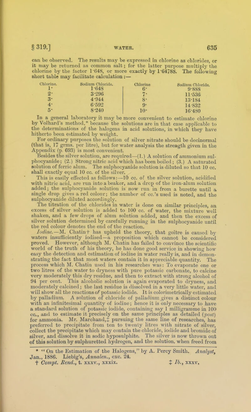 1* 1G4S 2- 3-296 3- 4-944 4- 6-592 5- 8-240 can be observed. The resiilts may be expressed in chlorine as chlorides, or it may be returned as common salt; for the latter purpose multiply the chlorine by the factor 1-648, or more exactly by 1-64788. The following short table may facilitate calculation :— Chlorine. Sodium ClUoriile. Cliloriue Sodium Chloride. ' 6- 9-8S8 7- 11-536 8- 13-184 9- 14-832 10- 16-480 In a general laboratory it may be more convenient to estimate chlorine by Volhard's method,* because the solutions are in that case applicable to the determinations of the halogens in acid solutions, in which they have hitherto been estimated by weight. For ordinary purposes tiie solution of silver nitrate should be decinormal (that is, 17 grms. per litre), but for water analysis the strength given in the Appendix (p. 693) is most convenient. Besides the silver solution, are required—(1.) A solution of ammonium sul- phocyanide; (2.) Strong nitric acid which has been boiled; (3.) A saturated solution of ferric alum. The sulphocyanide solution is diluted so that 10 cc. shall exactly equal 10 cc. of the silver. This is easily effected as follows:—10 cc. of the silver solution, acidified ■with nitric acid, are run into a beaker, and a drop of the iron-alum solution added; the sulpliocyanide solution is now run In from a burette until a single drop gives a red colour; the number of cc.'s used is noted, and the sulphocyanide diluted accordingly. The titration of the chlorides in water is done on similar principles, an excess of silver solution is added to 100 cc. of water, the mixture well shaken, and a few drops of alum solution added, and then the excess of silver solution determined by carefully running in the sulphocyanide until the red colour denotes the end of the reaction. Iodine.—M. Chatint has upheld the theory, that goitre is caused by waters insufficiently iodised—a ])roposition which cannot be considered proved. However, although M. Chatin has failed to convince the scientific world of the truth of his theory, he has done good service in showing how easy the detection and estimation of iodine in water really is, and in demon- strating the fact that most waters contain it in apjireciable quantity. The process which M. Chatin used in his researches was: To evaporate one or two litres of the water to dryness with jnire potassic carbonate, to calcine very moderately this dry residue, and then to extract with strong alcohol of 94 per cent. This alcoholic solution is again evaporated to dryness, and moderately calcined; the last residue is dissolved in a very little water, and ■will show all the reactions of potassic iodide. It is colorimetrically estimated by palladium. A solution of chloride of palladium gives a distinct colour with an infinitesimal quantity of iodine; hence it is only necessary to have a standard solution of potassic iodide, containing say 1 milligramme in 100 cc, and to estimate it precisely on the same principles as detailed (post) for ammonia. Mr. Marchand,J pursuing the same line of researches, has preferred to precipitate from ten to twenty litres with nitrate of silver, collect the precijjitate which may contain the cliloride, iodide and bromide of silver, and dissolve it in sodic hyposulphite. The silver is now thrown out of this solution by sulphuretted hydrogen, and the solution, -when freed from *  On the Estimation of the Halogens, by A. Percy Smith. Analyst, Jan., 1886. Liebig's, Annalen., cxc. 24. t Compt. Rend., t. xxxv., xxxix. X lb., xxxv.