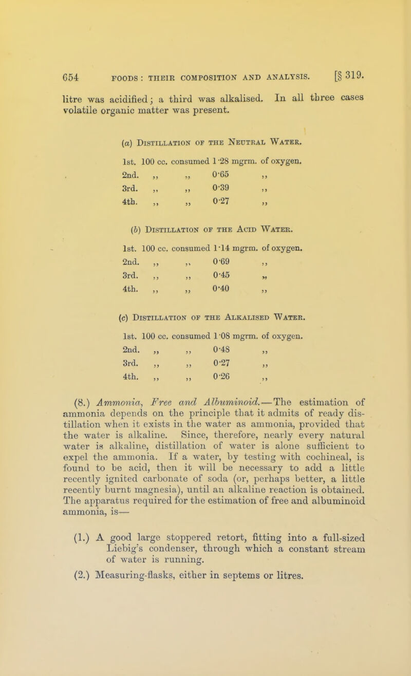 litre was acidified; a third was alkalised. In all three cases volatile organic matter was present. (a) Distillation of the Neutral Water. 1st. 100 cc. consumed 1 '28 mgrm. of oxygen. 2nd. „ „ 0-65 „ 3rd. „ „ 0-39 4tb. „ „ 0-27 (b) Distillation of the Acid Water. 1st. 100 cc. consumed 114 mgrm. of oxygen. 2nd. 0-69 3rd. „ 0-45 4th. „ „ 0-40 (c) Distillation of the Alkalised Water. 1st. 100 cc. consumed 1'08 mgrm. of oxygen. 2nd. „ „ 0-4S 3rd. „ „ 0-27 4th. „ „ 0-26 (8.) Ammonia, Free and Albuminoid.—The estimation of ammonia depends on the principle that it admits of ready dis- tillation when it exists in the water as ammonia, provided that the water is alkaline. Since, therefore, nearly every natural water is alkaline, distillation of water is alone sufficient to expel the ammonia. If a water, by testing with cochineal, is found to be acid, then it will be necessary to add a little recently ignited carbonate of soda (or, perhaps better, a little recently burnt magnesia), until an alkaline reaction is obtained. The apparatus required for the estimation of free and albuminoid ammonia, is— (1.) A good large stoppered retort, fitting into a full-sized Liebig's condenser, through which a constant stream of water is running. (2.) Measuring-flasks, either in septems or litres.