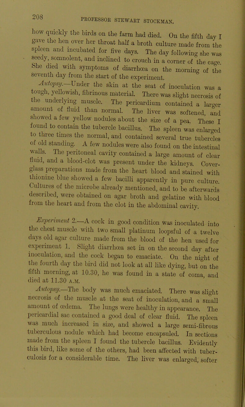 PROFESSOR STEWART STOCKMAN. how quickly the birds on the farm had died. On the fifth day I gave the hen over her throat half a broth culture made from the spleen and incubated for five days. The day following she was seedy somnolent, and inclined to crouch in a corner of the cage She died with symptoms of diarrhoea on the morning of the seventh day from the start of the experiment. Autopsy.—the skin at the seat of inoculation was a tough, yellowish, fibrinous material. There was slight necrosis of the underlying muscle. The pericardium contained a larger amount of fluid than normal. The liver was softened, and showed a few yellow nodules about the size of a pea These I found to contain the tubercle bacillus. The spleen was enlarged to tliree times the normal, and contained several true tuberdes of old standing. A few nodules were also found on the intestinal walls. The peritoneal cavity contained a large amount of clear fluid, and a blood-clot w^as present under the kidneys. Cover- glass preparations made from the heart blood and stained with thionine blue showed a few bacilli apparently in pure culture. Cultures of the microbe already mentioned, and to be afterwards described, w^ere obtained on agar broth and gelatine with blood fiom the heart and from the clot in the abdominal cavity. Experiment 2.—A cock in good condition was inoculated into the chest muscle with two small platinum loopsful of a twelve days old agar culture made from the blood of the hen used for experiment 1. Slight diarrhoea set in on the second day after inoculation, and the cock began to emaciate. On the night of the fourth day the bird did not look at all like dying, but on the fifth morning, at 10.30, he was found in a state of coma, and died at 11.30 A.M. Autopsy.—The body w'as much emaciated. There was slight necrosis of the muscle at the seat of inoculation, and a small amount of oedema. The lungs were healthy in appearance. The pericardial sac contained a good deal of clear fluid. The spleen was mucli increased in size, and showed a large semi-fibrous tuberculous nodule which had become encapsuled. In sections made from the spleen I found the tubercle bacillus. Evidently tills bird, like some of the others, had been affected with tuber- culosis for a considerable time. The liver was enlarged, softer
