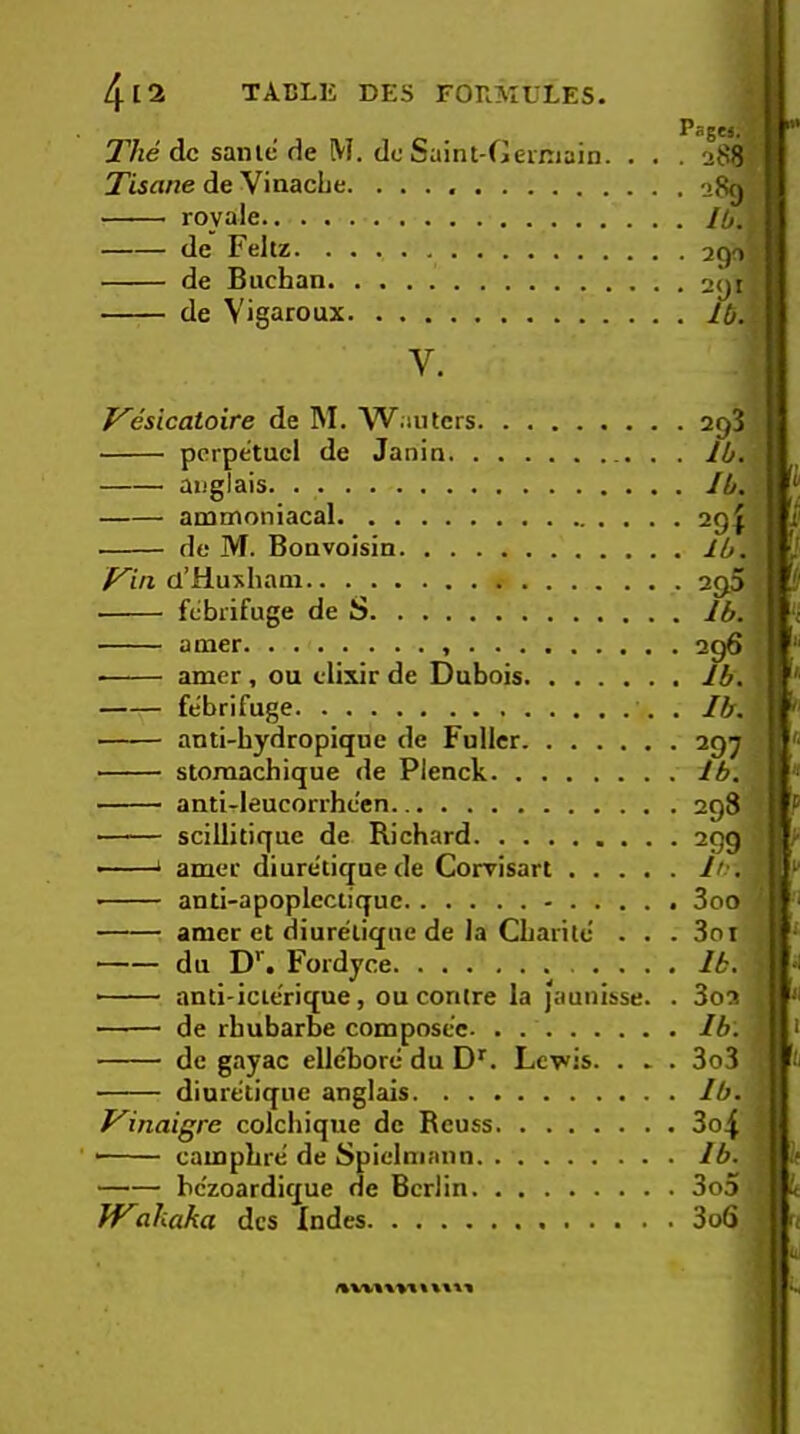 TABLE DES FORMULES. 4 12 Psgcj, T’/ie dc same de M. dc Saint-Germain. . . . 288 Tisane de VinacLe. a8g royale /^. de Feltz 2qr>, de Buchan 2<ji de Vigaroux lb. V. f^esicatoire de M. Wauters 2()3 perpetuel de Janin . . lb. — anglais Ib. — ammoniacal 291 de M. Bonvoisin lb. Vin, d’Huxhani 295 febrifuge de S lb. amer 296 ■ amer, ou elixir de Dubois lb. febrifuge . Ih. anti-bydropique de Fuller 297 storaachique de Plenck lb. anti^leucorrheen 298 scillitique de Richard 299 ■ ‘ amer diure'tiqne de Corvisart Ity. • anti-apoplectiquc 3oo amer et diurelique de la Cbarite . . . 3oi du Fordyce .... lb. ■ anti-icierique, ou conlre la jaunisse. . 3o2 de rhubarbe composee lb. de gayac ellebore du Lewis. . . . 3o3 diuretique anglais lb. Vinaigre eolebique de Reuss 3o4 campbre de Spielmann lb. be'zoardique de Berlin 3o5 }Vahaha dcs Indes 3o6 ft !l '