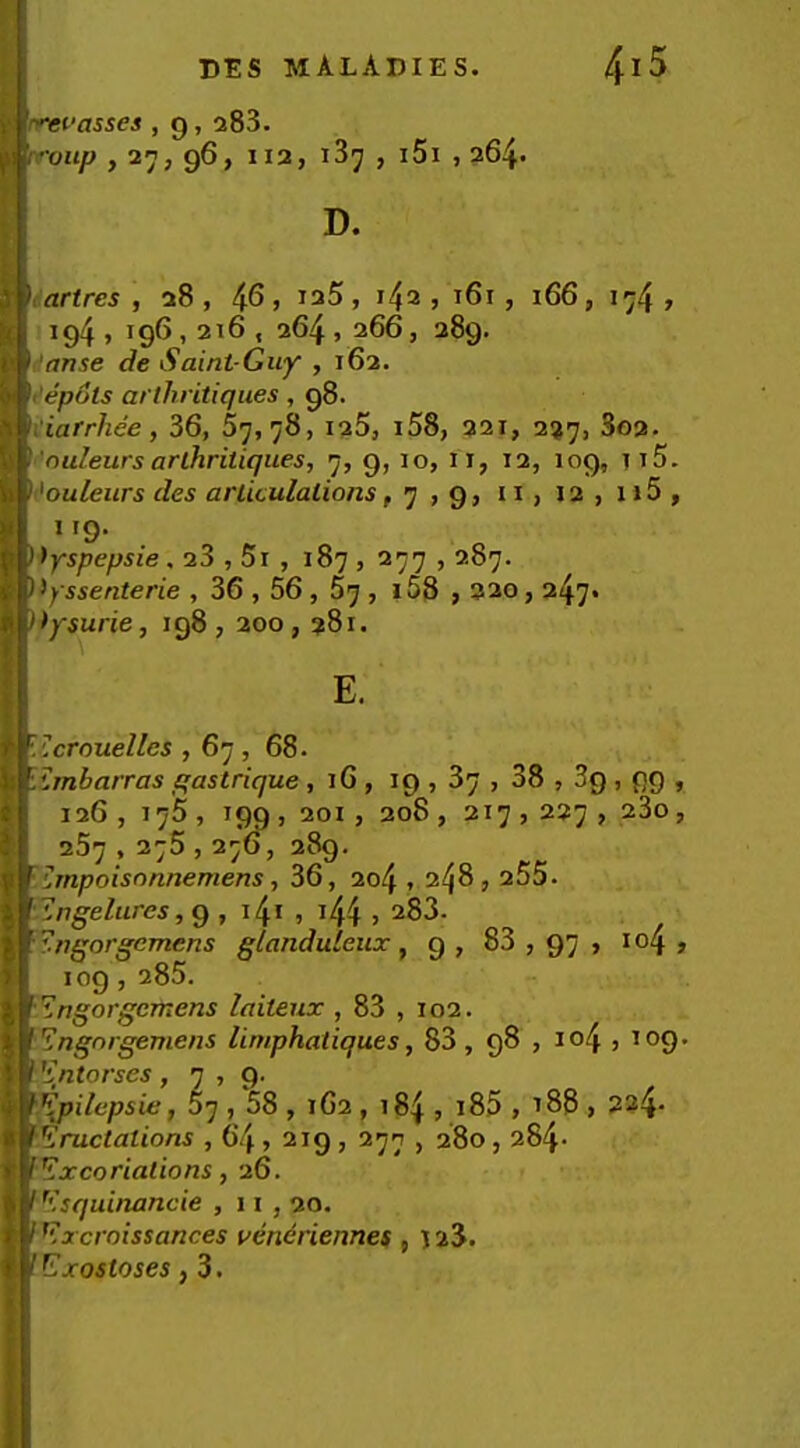 vrei'asses , 9, a83. roup , an, g6, 112, 187 , i5i , 264* D. cartres , 28, 4^ > i4a j 161, 166, 174? ig4 , 196,216 , 264,266, 289. ianse de Saint-Guy , 162. i‘ep6ts arlhritiques, 98. iarrhee, 36, 57,78, iq5, i58, 221, 227, 3o2. 'ouleursarlhritiques, 7, 9, 10, 11, 12, 109, it5. 'ouleurs des articulations f7>9> Ii,i2,u5, 119. ^yspepsie . 23,5r , 187 , 277,287. ^yssenterie , 36,56 , 57 , i5S > 3ao, a47* >ysurie, 198,200,281. E. Hcrouelles , 67, 68. Imbarras c;astrique , 16 , 19,37 , 38 , Sg , 99 , 126 , 175 , 199 , 201, 208 , 217,227 , 23o, 257.375,276,289. Urnpoisonnemens ^ 36, 2o4 » 248,2o5. ingelures, 9 , , i44 > 283. Zngorgcmens glanduleux , g , 88,97, i ©4 , 109,285. ’tngorgemens laiteux , 83 , 102. '^ngnrgemens limphaliques, 83, 98 , io4 , log. fXXOI'SGS *7 , C^» ^pilcpsie, 57 , *58 , 162 , 184 , i85 , i88 , 224. Eructations , 64,2ig , 277 , 280,284. Excoriations, 26. Esquinancie ,11,20. Excroissances uen^riennes , 128. Exostoses, 3.