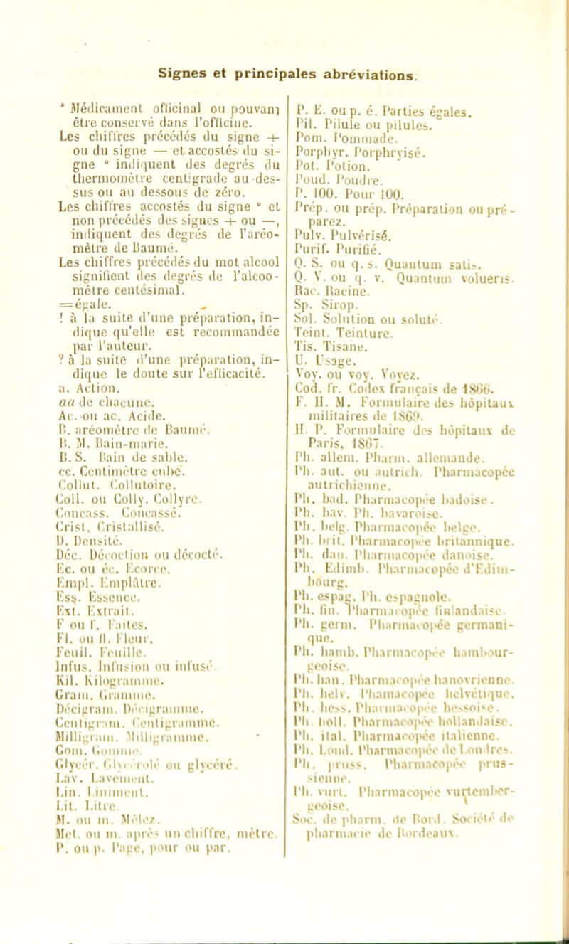 Signes et principales abréviations. * Médicainunt ol'licitial ou pouvani être conservé dans l'oniciiie. Les chilTres précédés du signe + ou du signe — et accostés du si- gne ° iniliquent des degrés du tliermomcire centigrade au-des- sus ou au dessous de zéro. Les cliilïres accostés du signe ° cl non iirctédés des signes -H ou —, indiquent des degrés de l'aréo- mètre de liaunié. Les chiffres précédés du mol alcool signilienl des degrés de l'alcoo- mètre centésimal. = épaie. ! à la suite d'une préparation, in- dique qu'elle est recommandée par l'auteur. ? à la suite il'une préparation, in- dique le doute sur l'eflicacité. a. Action. aa de chacune. Ac. ou ac. Acide. P.. aréomètre de lîanmé. It. M. Uain-mario. D. S. liain de sable. ce. C(MUiin(''lre cnl>e. (lollut. (lolluloire. Coll. ou Colly. Collyre. Concass. Concassé. Crisl. Cristallisé. 1). l)(■n^ité. Uéc. Déi oclion ou décodé. Ec. ou éc. Kcorcc. Kmpl. ICmplàlrc. lîss. Hsbcnce. Ext. i;.\trail. 1' ou r. Faites. FI. ou II. Fleur. Fenil. l'iniille. Infus. Infusion nu infusé. Kil. KilograuiMu:. (îrani. (irannni!. Décigrain. Déi igrauiine. Cenlifir im. Cenli};r,inunc. Millit;rani. Milligranunc. Goni. (iiininh*. Glycér. (ilyci'nilé ou glycéré. Lav. Lavement. Lin. l inuriunl. Lit. Litre M. ou m. Mèliv. Met. ou m. apré- un chiffre, mclre. I'. ou p. l'âge, pour ou par. P. E. ou p. é. Parties égales, l'il. Pilule ou pilules. Poni. l'ominade. Porpliyr. Porphrvisé. Pot. Potion. Pond. Poudre. P. 100. Pour 100. Prép. ou prép. Préparation ou pré- parez. Pulv. Pulvérisé. Purif. Purilié. 0. S. ou q.s. Quantum sati-. Q. V. ou q. V. Quantum volueris. Rac. liacine. Sp. Sirop. Sol. Solution ou soluté. Teint. Teinture. Tis. Tisane. U. L'sage. Voy. ou voy. Voyez. Cod. Ir. Codes français de 1866. F. II. .M. Formulaire des hôpitaux militaires do ISCl'. H. P. Formulaire dos hôpitaux de Paris, ISti. Ph. allem. Phann. allemande. Ph. aut. ou autriih. Pharmacopée autrichienne. Ph. bad. Pharmacopée hadoise. Ph. hav. Pli. bavaroise. Pli. helg. Pharmacopée helge. Ph. 1)1 il. Pharmacopée lirilannique. Pli. dan. Pliariiiacopéc danoise. Ph. Edimh. Pliarmacoi)CC d'Ediiii- liourg. Pli. espag. l'h. espagnole. Ph. lin. l'harm ii opée liHlandaise. Ph. germ. Pharinaiopée germani- que. Ph. Iiamb. Pharniacop/'o h.imbour- geoise. Ph. Iian. Pharmacopée lianovrionne. Ph. heh. Pliamaoojve liclvétiquo. Ph. hess. Phaniiai opi e he-soise. Ph lioll. Pharmacopée hollandaise. Ph. ilal. Pharmacopée italienne. Pli. Loiid. Pharmacopée lie I on Ires. Ph. pruss. Pharmacopée prus- sienne. Ph. vurl. Pharmacopée vurlcmber- geolse. * Soc. de pliarm. rie Bord. Société de pharmacie de Hordeau\.