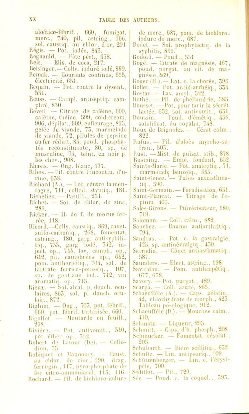 aloctico-fébrif. , G60, funiinat. mei-c, 740, pil. astring., lOtj. sol. cauàliq. au clilor. d'or, 291 liégis. — l'ol. iodée, 813. Regnauld. — Prac pect., 5i)8. Reis. — Elix. de coca, '217. Reisinjjcr.— Colly. ioduié iodé, 889. Reniak. — Courants conlinus, 655, éleclricilé, Gbi. Requin. — Vol. contre la dysent., 531. Reuss. — Calapl. antiseptiq. cam- pluv, 830. Réveil. — Citrate de caféine, GOll, caléiiie, théine, 5!M), cold-crcjm, 006. dépilat., yoy, eulleurage, 805, gelée de viande, 73, niarnielade de viande, 72, pilules de pep?iiie au fer réduit, 83, poud. phospha- tée reconstituante, 80, sp. de musc uline, 75, teint, en noir p. les chev., 008. Rhasis. — Ong. hianc, 177. Rihes. — l'il. contre l'incontin. d'u- rine, G3S. Richaril (A.). — I.ot. contre la inen- lagre, 711, collod. stvpli.|., 181. Richelieu. — Pastill., 231. liiclii't. — Sol. de clilor. de zinc, 280. Rickcr. — 11. de f. de morue fer- rée, 118. Ricord.—Colly. canstiq., 8fi0,causl. snlfo-carhoniq. , 2(18, fomentât, astring., 180, garg. anli-vphili- liq., 733, parg. iodé, 712, in- ject. op., 7.11, lav. canqdi. op., 612, pil. camphrées op., 0.12, pom. antiherpéhq., 71)1, sol. de tartrate ferrno-iiolassii]., 107, sp. (II! (;entiam; iod., 712, vin annnali(|. op., 71.3. Rienx. — Sol.alcal. p. douih. ocu- laires, 863, sol. p. douch. ocu- lair., 872. Iligliini. — Ong.. 703, pot. fohril'., GGO. pot. féhrif. tarlarisée, 600. liigolhii. — Monlarde en feuill., 2!IS. Hiviéri'. — l'ol. anlivoniil., 310, pol, élIliT. iqi-. 3'i2. Roliert de l.alour (Ho), — Collo- dioM, .'l Rohii|iii'l il Maunoury. — Catisl. an rldor. ilf /iiic, 200. drac. forrugin., 117, pyio-plM-idiale di' fer citro-animoniai'al, 115. 116. Rochard. — l'il. do lin liloro-ioilure de merc, 687, porn. de bicliloro- iodure de meic, 687. Rodel. — Sol. piopliylactiq. de la syphilis, 861. Rodolli. — Poud.. 531 liogé. — Citrate de magnésie. 467, pouil. piirgat. au cit. de ma- gnésie, .160, Roger (U.).— Lot. c. la choréc, 396. Rollet. — Pol. aiUidiarrhéiq., 551. Ro>lan. — l.av. amyl., 522. Rothe. — Pil. de pliellandrie, 585 liou^sct. —Pot. pour tarir la sécrét. lactée, 632, sol. aniivomil., 051. Roussin. — Poud. d'émétiq , 458, soliililicat. du copahn, 718. Roux de lirignolcs.— Gérât calm.. 822. liul'us. — Pil. d'aioés myrrho-sa- fran., 503. Rust. — Mixt. de puisai, stib., 878. Rustaing. — EinpI. fondant, 652. Sainte-.Marie. — Pot. analepliq., 71, marmelade benzoîq., 553. Saint-Genez. — Tubes anliaslhma- liq., 500. Saint-Gerniain. — Faradisation, 651. Sainl-Plancal. — Tjlrage de l'o- pium, 40,j. Saloî-Giron-. — Pulvérisateur, 180, 710. Salomon. —Coll. calm., SS2. Saiiebez. — Baume autiarthritiq , 704. Saiidras. — Pol. c. la gastralgie. 425, sp. aniinévralgiq.. 4.30. Sariadin. — Cônes aniiasUimaliq.. 587. Saunders. — F.leol. astrin;:., 198. Savardan. — Pom. aniibcrpétiq.. GT7, 678. Savory. -Pol. purpal., 4S9. Scarpa. — Coll. azuré, 865. Scli.ieiifféle (A.). — Caps, gélaliii.. 42, cblorhydralo de morph., 423. Tabli'au po^ologiquc. 012. Schaeuffèle (P.). — .Mouches calm.. 410, Si bmatz. — Liqueur, 205. S. hmill. - Cqis. d h. pho>ph.,208. Scbnuiclvcr. — Fomentât, résolut.. 205. Scliubarlb — P.ièro .<cillitiq., 632 Scbullz. — Lin. antiiisoiiq.. 700. Si hrilzenlierger. — Lin. c. l'crvsi- péle, 700. Sédilloi. Pil., 720. Sée. — Poud. c. la coqucl., 3rr>.