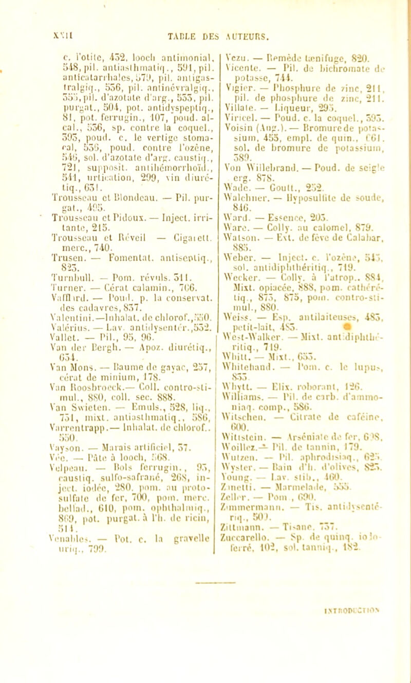 t. l'olile, 432, loocli imliriionial, 5-i8,|)il. aiitiaslhriiali(|., 591, pil. anlitalari lialcs, ij7'l, pil. aiiligas- lral^ii|., b56, anlin6vrali;k(., ôo'i.pil. il'azolalo. «l'arR., 553, jiil. puryat., sot, pol. anlidyspeptiq., 81, pot. ferrugiii., 107, poiiil. al- cal., 536, sp. contre la cof|iiel., 393, poud. c. le vcrligc stoma- '■al, 53'j, poud. coiitie l'ozcne, .'i-iti, sol. d'azolale d'arj:. caiislii|., 721, supposit. aiililicmorrlioïd., .ni, iirlii.ation, 299, \in diuré- tiq., G3I. Trotisseau cl Dloiulcau. — Pil. pui- sai., 405. Trousseau ctPidoux. — Inject. irri- tante, 215. Trousseau et Ui'vcil — Cigaiell. mcrc, 740. Truscu. — Fomentai, anli^o.iMiq., 8-23. TurnljuU. — Poin. révuls. 311. Turnei. — Ct'rat calauiin., 70G. Vainird. •— l'ouil. p. la conservai, des cadavres, 837. Valenljjii,—Inhalât, de cliloror.,.i'iO. Valériiis. — Lav. antidysenl('r.,532. Vallct. — Pil., 95, 90. Van lier Pergli.— Anoz. diuréliq., 054. Van Mons. — llaumo de gayar, 257, cérat de mininni, 178. Van liooshroeck.— Coll. conlro-.-ti- inul., 8S0, coll. .sec. 888. Van Swielen. — Kninls., .528, liq.. 751, ini\t. anliaslliinatiq.. .5S0, Varreiitrapp.— Inlialat. de chlorof.. .'l.'iO. ^ ay^on. — Marais artificiel, 37. Vi'c. — l'aie à loocli, :\GH. Velpeau. — Bols reriugin., 95, causliq. sulfo-safrariC, 2l!S', in- ji'ct. iodée, 2S0. pinn. :m prolii- snlfale île fer, 700, poin, nn'rc. Iiellad., GIO, poui. ophllialiiiiq., SCO, pot. purgal. à l'Ii. de ricin, 511. ViMialile-. — Pot, c. la gravclle urr.j.. 799. Vczu. — Pienièdo la-nifugc, 820. Vieente. — Pil. de Idcliroinatc de potasïe, 744. Vigier. — l'Iiospliurc de zinc, 211, pil. de plio.-pliure île zinc, 211. Villaie. — Liqueur, 295. Viricel. — Poud. c. la coqiiel., 393. Voisin (An^'.).— liromurede pola~- ^iuln, 455, enipl. de quin., i GI. sol. de bromure de polas'iuin, 389. Von Willelirand. — Poud. de scig'e erg. 878. Wade. — Goull., 252. \Valcliner. — llvposullllc de soude, 840. Ward. — Essence, 203. Ware. — Colly. au calomel, 87Ô. Walson. — E\t. de fève de Calaliar, 8S5. Webcr. — Injccl. c. l'ozèn.', 545. sol. antidipliiliériliq., 719. Wecker. — l'.oUy. à l'alrop.. S84, .Mixt. opiacée. 888, pom. catlicré- liq , 875, 873, pom. conlro-sti- niul., 880. Weis.«. — Esp. anlilaitcuses, 4Sô. pctit-lail, 4S3. • We>t-Walker —Mixt. antidiplitln- riliq., 719. Whitl. — Mixl.. 0.55. Wliileluind. — l'oin. c. le lupur, .S.55 Whylt. — Elix. rohoninl. 126. Williams. — Pil. de cirb. d'ammo- niaq. eomp., 580. WiUchcii. — Cilrate de caféine, 000. Witistcln. — Arsénialp de for, es. Woilli-i.— Pil. de tannin, 179. Wuizeii. — l'Il. aplirodisi.iq., 1)25 Wysler. — Itain d'il, d'olives. S23. Vo'ung. — l av. slili., 4l>0. Zinelli. — Marnirladc, 55S. /ell. r. — Pom , 09l). /.inimermann. — Tis. anti lvscntc- riq., 501. Ziltmann. — Tisane. 737. Znccarello. — Sp de qninq. ioln ferré, 102, s il. lanniq., 182. l.\TnODLCtlO>