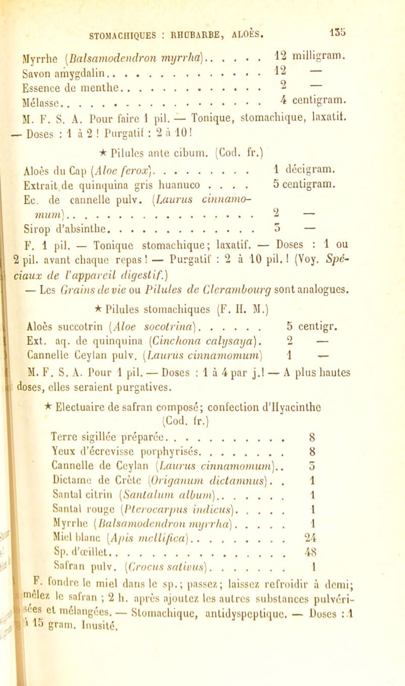 Myrrhe [Balsamodcndron mijrrha) 12 milligram. Savon amygtlnlin 12 Essence de menthe 2 Mélasse ^ cenligram. M. F. S. A. Pour faire 1 pil. — Tonique, stomachique, laxatit. — Doses : 1 à 2 ! Turgalif : 2 à 10! * Pilules aille cibum. (Cod. fr.l Aloès du Cap [Aloe ferox] 1 décigram. Extrait,de quinquina gris huanuco .... 5 cenligram. Ec. de cannelle pulv. [Laurus cinnamo- 71111 m] 2 — Sirop d'absinthe 5 — F. 1 pil. — Tonique stomachique; laxatif. — Doses : 1 ou 2 pil. avant chaque repas ! — Purgatif : 2 à 10 pil. ! (Voy. Spé' ciaux de l'appareil digestif.) — Les Grains de vie oa Pilules de C/era?/(i'0i«'(7 sont analogues. * Pilules stomachiques (F. II. M.) Aloès succotrin (Aloe socolrinn] 5 centigr. Ext. aq. de quinquina [Cinclwna calysaya). 2 — Cannelle Ceyian pulv. (Laurus cinnamomum] 1 — M. F. S. A. Pour 1 pil. — Doses : 1 à 4 par j.I — A plus hautes doses, elles seraient purgatives. * Electuaire de safran composé; confection d'Hyacinthe (Cod. fr.) Terre sigillée préparée 8 Yeux d'écrevissc porphyrisés 8 Cannelle de Ceyian (Laurus cinnamomum).. 5 Dictame de Crète (Urirjaiuiin dictaninus). . 1 Santal citrin (Sanlahuii album) 1 Santal rouge (IHcrocarpus inilicus) 1 Myrrhe (Ikilsamodciidron nujrrha) 1 Miel blanc (Apis mcllilica) 24 Sp. d'œillct 48 Safran pulv. (Crocus salivus) 1 F. fondre le miel dans le sp.; passez; laissez refroidir à demi; mêlez le safran ; 2 h. après ajoutez les autres substances pulvéri- sées cl mélangées. — Stomachique, unlidyspcptique. — Doses :.l > 15 grani. Inusité.