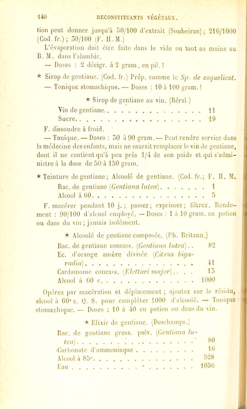 tion pcul donner jusqu'à 50/100 d'extrait (Soubeiran) ; 210/1000 (CoJ.fr.); 30/100 (F. IL M.) L'év.iporalion doil ùlre faite dans le vide ou tout au moins au B. M. dans l'alamijic. — Doses : 2 décigr. à 2 gram. en pii. I * Sirop de gentiane. (Cod. fr.) Prép. comme le Sp. de coquelicot. — Tonique stomachique. — Doses : 10 à 100 gram.! * Sirop de gentiane au vin. (Béral.) Vin de gentiane 11 Sucre 19 F. dissoudre à froid. — Tonique. — Doses : 50 .'i 90 gram.— l'eut rendre service dans la médecine des enfants, mais ne saurait remplacer le vin <lc gentiane, dont il ne contient qu'à peu près 1/4 de son poids et qui s'admi- nistre à la dose de 50 à 150 gram. * Teinture de gentiane; .\!coolé de gentiane. (Cod. fr.; F. 11. M. Rac. de gentiane [GciUiana hitca] 1 Alcool à 00 5 F. macérer pendant 10 j. ; passez; exprimez; filtrez. Rende- ment : 90/100 d'alcool eni])loyé. — Doses : 1 à 10gram.cn polion ou daus du vin; jamais isolément. * Alcoolé de p-entianc composée. (Pli. Britann.) Rac. de gentiane concass. (Gciitiaiia Itttca).. 82 Ec. d'orange amère divisée [Cilriis biga- rriditi) 41 Cardanionie concass. [FActtari niajor).. . . 15 Alcool à (10 c UH)0 Opérez par macération et déplacement ; ajimlcz sur le résidu, alcool à 00° c. Q. S. pour compléter 1000 d'alcoolé. — Tonique stomaclnijuo. — Doses : 10 à iO en ]iolion on dans du vin. * Elixir de gentiane. (Deschamps.) Rac. de gentiane gross. pulv. {(loitiaiia lii- tca) .' î*<^ •Carlionatc d'ammoniaque Il» Alcool à 85 Mî< Eau • 105U