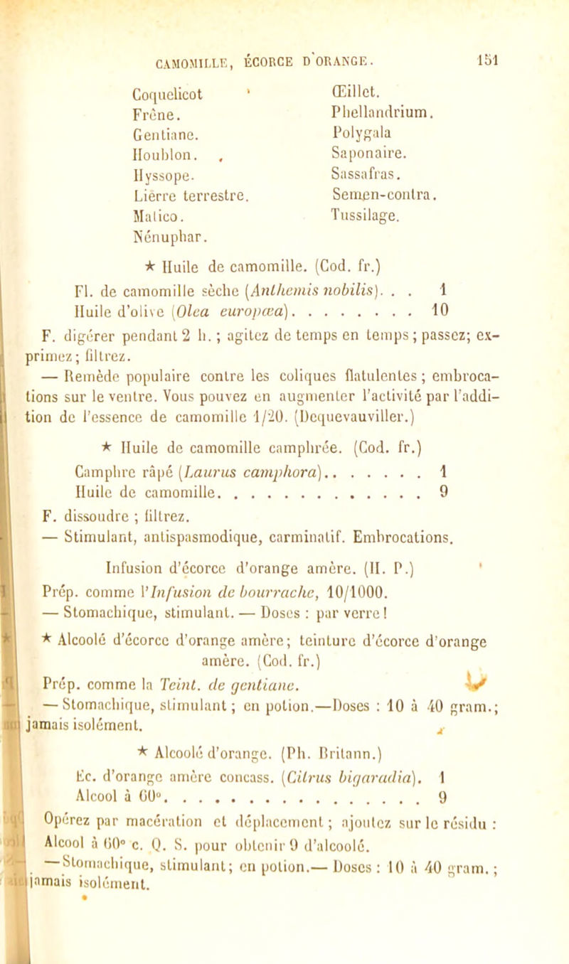 Coquelicot ' Œillet. Frùne. Pliellandrium. Geiiliiine. Polygala Houblon. , Saponaire. Ilyssope. Sassafras. Lierre terrestre. Semen-conlra. Malico. Tussilage. Nénuphar. * Huile de camomille. (Cod. fr.) Fl. de camomille sèche (/ln//iCHi(.s Jîotifc). . . 1 Huile d'olive (Oit'a europœa) 10 F. digérer pendant 2 h. ; agitez de temps en temps ; passez; ex- primez ; filtrez. — Remède populaire contre les coliques fiatulcnlcs ; emhroca- tions sur le ventre. Vous pouvez en augmenter l'aclivilé par l'addi- tion de l'essence de camomille 'l/'20. (Dequevauviller.) * Huile de camomille camphrée. (Cod. fr.) Camphre vÀ\)c. [haurus camphora] 1 Huile de camomille 9 F. dissoudre ; filtrez. — Stimulant, antispasmodique, carminatif. Emhrocations. Infusion d'ccorco d'orange amère. (II. P.) ' Prép. comme VInfusion de bourrache, 10/1000. — Stomachique, stimulant. — Doses : par verre! * Alcoolé d'écorce d'orange amère; teinture d'écorce d'orange amère. (Cod. fr.) Prép. comme la Teint, de gentiane. ^ — Stomachique, stimulant ; en potion.—Doses : 10 à -iO gram.; jamais isolément. ^ * Alcoolé d'orange. (Ph. lîritann.) tic. d'orange amère concass. [Cilrus bigaradia). 1 Alcool à 00» 9 Opérez par macération et déplacement; ajoutez sur le résidu : Alcool à 00° c. n. S. pour ohtciiirO d'alcoolé. — Sloruadiique, stimulant; en potion.— Doses : 10 à 40 gram. ; jamais isolément.