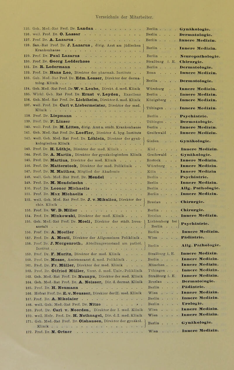 125. Geh. Med.-Bat Prof. Dr. Iiandau Berlin . . 126. well. Prof. Dr. O. Iiassar Berlin . 127. Prof. Dr. A. Lazarus Berlin . . 128. San.'Bat Prof. Dr. J. Lazarus , dirig. Arzt am jUdischen 1 Krankenhanse J 129. Prof. Dr. Paul Lazarus Berlin . . ISO. Prof. Dr. Georg: Ledderhose StraCburg i, 131. Dr. R. Ledermann Berlin . . 132. Prof. Dr. Hans Leo, Direktor des pharniak. Institute . . Bonn . . 133. Geli. Med.-Bat Prof. Dr. Edm. Lesser, Direktor der derma- 1 _ * 1 T^i- 1 f Berlin . . tolog. Klinik J 184. Geh. Med.-Rat Pro!. Br.W, V, Leube, Direkt. d. med. Klinik Wiirzburg 135. Wirkl. Geh. Eat Prof. Dr. Ernst V. Leyden, Exzellenz Berlin . . 136. Geh. Med.-Rat Prof. Dr. Xiiclitbeini, Direktord.med. Klinik Konigsberg 187. weil. Prof. Dr. Carl v.Iilebermeister, Direktor der med. 1 Klinik I Tubingen . 138. Prof. Dr. Liepmauu Berlin . . 139. Prof. Dr. P. Linser Tubingen . 140. weil. Prof. Dr. M. Litten, dirig. Arzt a. stadt. Krankenhanse Berlin . . 141. Geh. Med.-Bat Prof. Dr. Loeflfler, Direktor d. hyg. Institute Greifswald 142. weil. Geh. Med.-Bat Prof. Dr. Lohlein, Direktor der gynii- 1 „ . 1 ■ V -w BJ' GieBen . kologischen Klmik J 143. Prof. Dr. H. Luthje, Direktor der med. Klinik Kiel . . . 144. Prof. Dr. A. Martin, Direktor der gynakologischen Klinik Greifswald 146. Prof. Dr. Martius, Direktor der med. Klinik Bostock 148. Prof. Dr. Matterstoob, Direktor der med. Poliklinik . . Wiirzburg 147. Prof. Dr. M. Mattlies, Mitglied der Akademie .... KOln . . 148. weil. Geh. Med.-Bat Prof. Dr. Mendel Berlin . . 149. Prof. Dr. M. Mendelsohn Berlin . . 150. Prof. Dr. Leonor Michaells Berlin . . 151. Prof. Dr. Max Mlchaelis Berlin . . 152. weil. Geh. Med.-Bat Prof. Dr. J. v.Mlkulioz, Direktor der ) „ > Breslau chir. Klinik J 163. Prof. Dr. W. D, Miller Berlin . . 164. Prof. Dr. Minkowski, Direktor der med. Klinik .... Breslau 155. Geh. Med.-Bat Prof. Dr. Moeli, Direktor der stadt. Irren- 1 Lichtenberg anstalt J Berlin . 160. Prof. Dr. A. Moeller Berlin . . 167. Prof. Dr. A. Monti, Direktor der Allgemeinen Poliklinik . Wien . . 168. Prof. Dr. J. Morgenroth, Abteilungsvorstand am iiathol. 1 ^ > Berlin . lustitut J 159. Prof. Dr. F. Moritz, Direktor der med. Klinik .... StraBburg i. 160. Prof. Dr. Mosse, Assistenzarzt d. med. Poliklinik .... Berlin . . 161. Prof. Dr. Fr. Muller, Direktor der med. Klinik .... Munchen . 162. Prof. Dr. Otfried Miiller, Vorst. d. med. Univ.-Poliklinik Tubingen . 163. Geh. Med.-Bat Prof. Dr. Naunyn, Direktor der med. Klinik StraBburg i 184. Geh. Med.-Bat Prof. Dr. A. Neisser, Dir. d. dermat. Klinik Breslau 185. Prof. Dr. H. Neumann Berlin . . 168. Hofrat Prof. Dr. E.v. Neusser, Direktor derII. med. Klinik Wien . . 187. Prof. Dr. A. Nikolaier Berlin . . 168. weil. Geh. Med.-Bat Prof. Dr. Nltzo r . Berlin . . 169. Prof. Dr. Carl v. Noorden, Direktor der I. med. Klinik Wien . . 170. weil. Hofr. Prof. Dr. H. Nothnag:el, Dir. d. I. med. Klinik Wien . . 171. Geh. Med.-Bat Prof. Dr. Olshausen, Direktor der gynttkol. 1 Bgyjjn Klinik ) 172. Prof. Dr. N. Ortner Wien . . K. lei Gyiiiikologrie. llermntologrie. Innere Medlzlu. lunei'c Medizin. Neuroi>ntholog:ie. Cliirurg:ie. Dei’iuntolof^le. Innere 91e<Uzin. I>erinntolog:ie. Innere lUCetlizin. Innere jUedlzin. Innere Metlizin. Innere Medizin. Psychiatrie. Ueriuntulo^ie. Innere Medizin. Innere Medizin. Gyniikolog'ie. Innere Medizin. GyTiakologie. Innere Medizin. Innere Metlizin. Innere Medizin Psychiatrie. Innere Metlizin. Allg. Pathologic. Innere Medizin. Chirnrgie. Chirurgie. Innere Medizin. I Psychiatric. Innere Medizin. Piidiatrie. Allg. Paihologie. Innere Medizin. Innere Medizin. Innere Medizin. Innere Medizin. Innere Medizin. Perinatologie. Piidiatrie. Innere Medizin. Innere Medizin. Prologie. Innere Medizin. Innere Medizin. Gynlikologie. Innere Medizin.