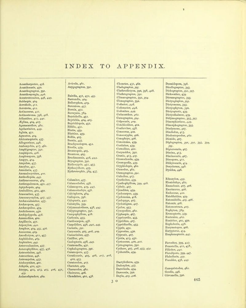 INDEX TO APPENDIX. Acantherpestes, 4s&. Acanthocaris, 450. Acanthograptus, 391. Acanthospongia, 446. Acentrotremites, 448, 44^. Acidaspis, 404. Acrothele, 412. Acrotreta, 412. Actinoceras, 421. Actinostroma, 398, 428. Adiantites, ^27, 441. ^glina, 404, 40-j. Aganacanthus, 462. Agelacrinites, 44^. Aglaia, 451. Agnostus, 404. Alcicornopteris, 437. Allogecrinus, 448. Ambonychia, 417, 461. Amphigraptus, 391. Amphipora, 428. Amplexopora, 398. Ampyx, 404. Amyelon, 437. Ancylus, 451. Annularia, 437. Anomalocystites, 401. Anthodiopsis, 44^. Antiiracosaurus, 464. Anthrapalaemon, 451, 45]. Aptychopsis, 404. Arabellites, 402, 450. Araucarites, 437. Araucaryoxylon, 427, 437. Archaeocalamites, 437. Archeeopora, 457. Archaeoptilus, 459. Archidesmus, 430. Archipolypoda, 4^8. Arenicolites, 402. Argillsecia, 451. Arpoxylon, 442. Asaphus, 404, 4^^, 4^6. Ascoceras, 419. Ascodictyon, 411, 457. Asphidodus, 46}. Asplenites, 44J. Asterocalamites, 437. Asterophyllites, 437, 438. Astrocrinites, 448. Astrocrinus, 448. Astromyelon, 437. Atelocystites, 401. Athyris, 412, 431. Atrypa, 412, 413, 41s, 416, 4-31, 43}- Aulacorhynchus, 460. Avicula, 461. Azygograptus, 391. Bairdia, 451, 452, 4^5. Barrandia, 404. Bellerophon, 419. Berenicea, 4^-]. Bernix, 4<;2. Berwynia, 389. Beyrichella, 452. Beyrichia, 404, 405. Beyricliiopsis, 452. Bifidia, 431. Blatta, 459. Blattina, 459. BoUia, 405. Bornia, 4}]. Bracliymetopus, 452. Brodia, 459. Bronteopsis, 405. Bronteus, 405. Bruckmaimia, 4}8, 444. Bryograptus, 391. Bythocypi-is, 452, 453. Bythocythere, 453. Bythrotrephis, 389, 437. Calamites, 437. Calamocladus, 438. Calamopora, 429, 44!. Calamostachys, 438. Calcisph^ra, 464. Callopora, 398. Calopteris, 442. Calostylis, 399. Calymmatotheca, 438, 44^. Calyptograptus, 391. Campophyllum, 428. Carbonia, 453. Cardiocarpon, 438. Carpolithes, 438, 441, 44J. Carteria, jpz. Caryocaris, 405, 408, 40^. Casuarinites, 437. Catillus, 461. Caulopteris, 438, 44}. Centronella, 431. Cephalograptus, 391. Ceramopora, 457. Ceratiocaris, 405, 406, ^07, 408, 4io> 453- Ceratosolen, 41^. Chaetetes, 429. Characodus, 462. Cheirurus, 406. Chondrites, 402, 438. 3 Chonetes, 431, 460. Cladograptus, Clathrodictyon, 390, 398, 428. Clathrograptus, 392. Climacograptus, 392,^9^. Clonograptus, 392. Codaster, 448. Codonaster, 448. Codonites, 449. Coelacantlius, 462. Ccenograptus, ^^4. Colpocaris, 40^. Conchicolites, 402. Confervites, 438. Conoceras, 420. Conocoryphe, 406. Conophrys, 406. Conostoma, 439. Cordaites, 439. Cornulites, 402. Corynoides, 392. Crania, 413, 41J. Crossochorda, 439. Crossopodia, 4j^. Crypbiolepis, 462. Ctenodus, 462. Ctenograptus, j^2. Cultellus, 417. Cyatbeites, 439. Cyatbopbyllum, 399, 428. Cybele, 407. Cycadites, 459. Cyclocarpus, 439. Cyclonema, 418. Cyclopyge, 407. Cyclostigma, 427. Cyclus, 463. Cynopodius, 462. Cypbaspis, 407. Cypricardia, 433. Cypridina, 407. Cypridinella, 453. Cypris, 452. Cyprosina, 430. Cyprosis, 407. Cyrtia, 413, 431. Cyrtoceras, 420, 421. Cyrtograptus, 392. Cythere, 407, .#05,453, 4S4- Cytberella, 454. Dactylotheca, 439. Dadoxylon, 4^^. Darwinula, 454. Daw.sonia, 392. Dayia, 413, 416. O Desmidopora, 398. Dicellograptus, 393. Dicbograptus, jg2, jgj. Dicksonites, 439. Dicranograptus, 393. Dictyograptus, }C)j. Dictyonema, 393. Dlctyopbyton, 390. Dictyopteris, 439. Dictyotbalmus, 439. Didymograptus, 393, jgy. Dimorpbicrinus, 44^. Dimorpbograptus, 393. Dindymene, 407. Dinobolus, 413. Diodontopsodus, 462. Dionide, 407. Diplograptus, J92, 393, 394, 39S- Dipterocaris, 407. Discina, 413. Discinocaris, 407. Discopora, 411. Ditbyi-ocaris, 454. Doryderma, 446. Dysidea, 446. Edraxylon, 4jg. Elonichtbys, 462. Emmelezoe, 407, 408. Encrinurus, 408. Endoceras, 421. Entoblattina, 459. Entomidella, 40J, 408. Entomis, 408. Entomostraca, 40J. Eopbyton, 389. Eremopteris, 439. Euctenius, 462. Eunicites, 402, 450. Eupboberia, 458. Eurymetopus, 408. Eurypterus, 454. Euspbenopteris, 44J. Favosites, 399, 447. Fenestella, 411, 458., Filicites, 441. Fistulipora, 399, 447. Flabellaria, 4^^. Fucoides, 438, 44}. Ganopristodus, 462. Geodia, 446. I Girvanella, 390.