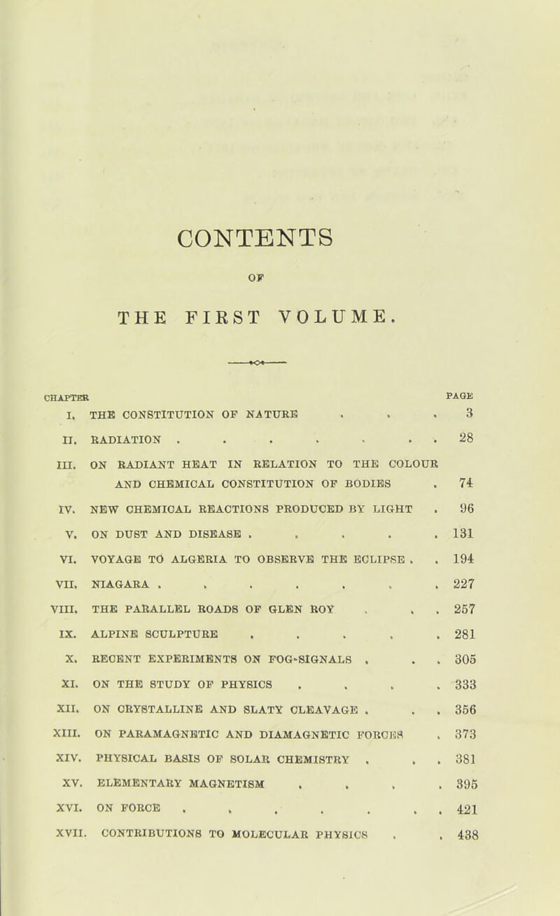 CONTENTS ov THE FIKST VOLUME. CHAPTER PAGE I. THE CONSTITUTION OF NATURE . . .3 II. RADIATION . . . . . . . 28 in. ON RADIANT HEAT IN RELATION TO THE COLOUR AND CHEMICAL CONSTITUTION OP BODIES . 74 IV. NEW CHEMICAL REACTIONS PRODUCED BY LIGHT . 96 V. ON DUST AND DISEASE ..... 131 VI. VOYAGE TO ALGERIA TO OBSERVE THE ECLIPSE . . 194 VII. NIAGARA ....... 227 VIII. THE PARALLEL ROADS OP GLEN ROY . . . 257 IX. ALPINE SCULPTURE ..... 281 X. RECENT EXPERIMENTS ON FOG'SIGNALS . . . 305 XI. ON THE STUDY OP PHYSICS .... 333 XII. ON CRYSTALLINE AND SLATY CLEAVAGE . . . 356 XIII. ON PARAMAGNETIC AND DIAMAGNETIC PORCli.S . 373 XIV. PHYSICAL BASIS OP SOLAR CHEMISTRY . . . 381 XV. ELEMENTARY MAGNETISM .... 395 XVI. ON FORCE ....... 421 XVII. CONTRIBUTIONS TO MOLECULAR PHYSICS . . 438