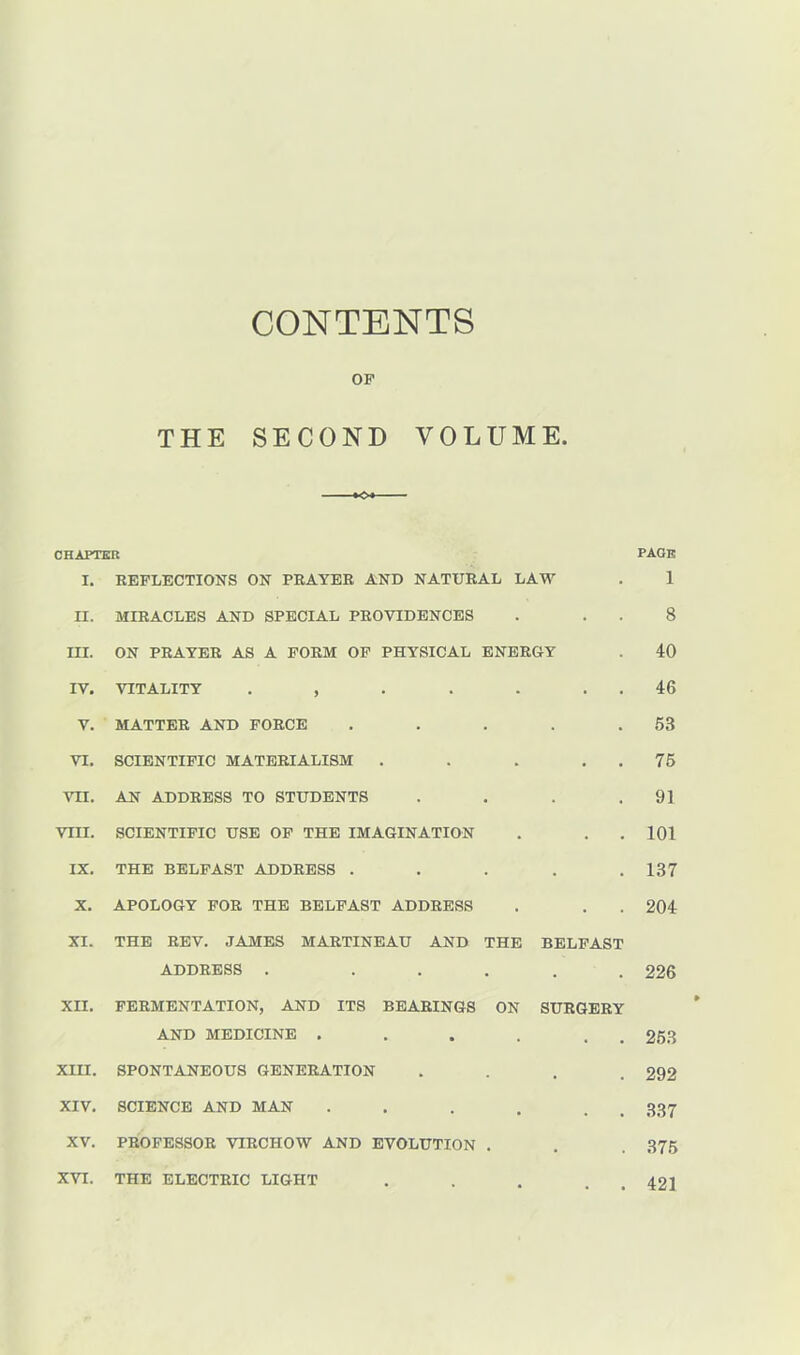 CONTENTS OF THE SECOND VOLUME. »o« CHAPTER I. REFLECTIONS ON PRAYER AND NATURAL LAW II. MIRACLES AND SPECIAL PROVIDENCES III. ON PRAYER AS A FORM OF PHYSICAL ENERGY IV. VITALITY . , . . . . V. MATTER AND FORCE . VI. SCIENTIFIC MATERIALISM . . . . VII. AN ADDRESS TO STUDENTS . . . . VIII. SCIENTIFIC USE OF THE IMAGINATION IX. THE BELFAST ADDRESS . . . . . X. APOLOGY FOR THE BELFAST ADDRESS XI. THE REV. JAMES MARTINEAU AND THE BELFAST ADDRESS . . . . . . XII. FERMENTATION, AND ITS BEARINGS ON SURGERY AND MEDICINE . . . . . XIII. SPONTANEOUS GENERATION . XIV. SCIENCE AND MAN . XV. PROFESSOR VIRCHOW AND EVOLUTION . XVI. THE ELECTRIC LIGHT PAGE 1 8 40 46 53 75 91 101 137 204 226 253 292 337 375 421