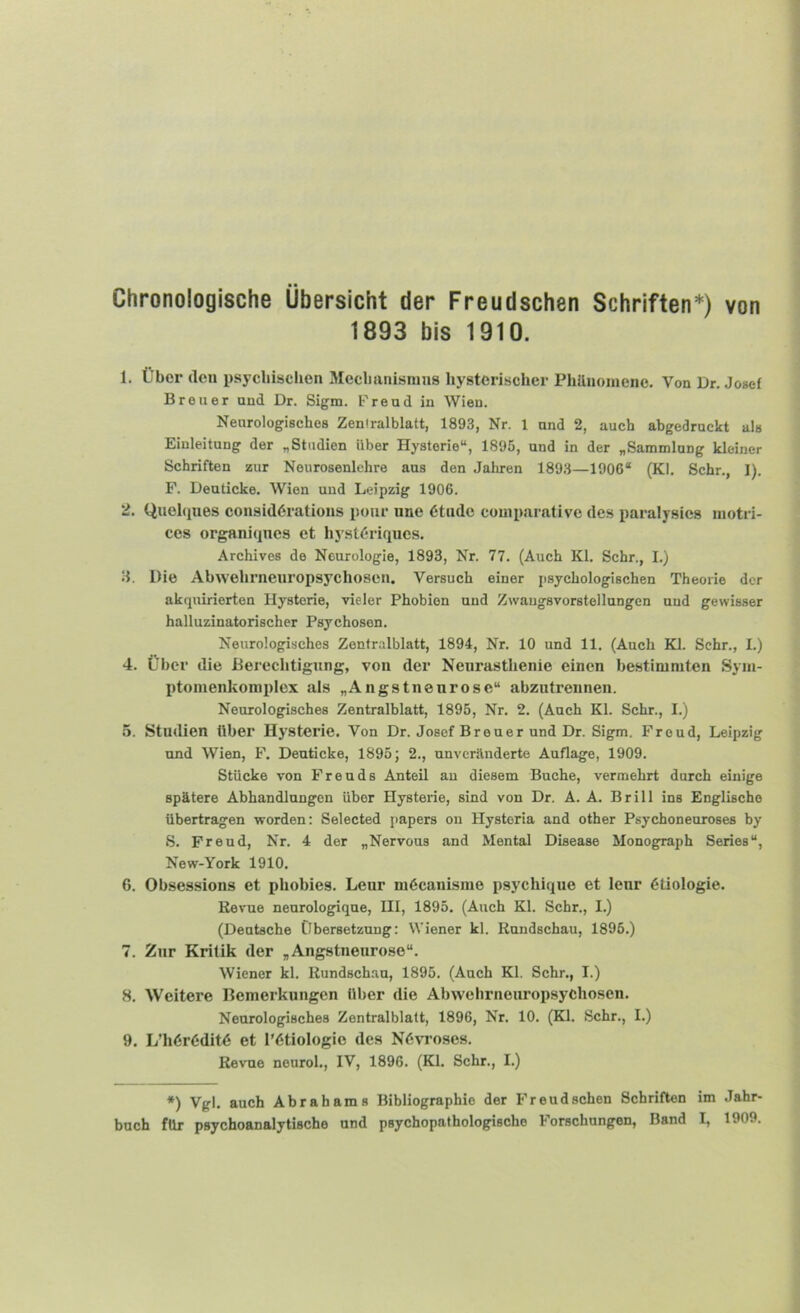 Chronologische Übersicht der Freudschen Schriften*) von 1893 bis 1910. 1. über (len psychischen Mechanismus hysterischer PhUnomene. Von Dr. Josef Breuer und Dr. Sigm. Freud in Wien. Neurologisches Zentralblatt, 1893, Nr. 1 und 2, auch abgedruckt als Einleitung der „Studien über Hysterie“, 1895, und in der „Sammlung kleiner Schriften zur Neurosenlehre ans den Jahren 1893—1906“ (Kl. Sehr., 1). F. Deuticke. Wien und Leipzig 1906. 2. Queltpies considörations poiir une 6tu(lc comparative des paralysies inotri- ces organitpics et hyst<*riqucs, Archives de Neurologie, 1893, Nr. 77. (Auch Kl. Sehr., I.) S. Die Abwehrneuropsychosen. Versuch einer jisychologischen Theorie der akquirierten Hysterie, vieler Phobien und Zwaugsvorstellungen und gewisser halluzinatorischer Psychosen. Neurologisches Zentralblatt, 1894, Nr. 10 und 11, (Auch Kl. Sehr., I.) 4. Über die Berechtigung, von der Neurasthenie einen be.stimniten Syin- I)tomenkomplex als „Angstnenrosc“ abzutrennen. Neurologisches Zentralblatt, 1895, Nr. 2. (Auch Kl. Sehr., I.) 5. Studien über Hysterie. Von Dr. Josef Breuer und Dr. Sigm. Freud, Leipzig und Wien, F. Deuticke, 1895; 2., unveränderte Auflage, 1909. Stücke von Freuds Anteil au diesem Buche, vermehrt durch einige spätere Abhandlungen über Hysterie, sind von Dr. A. A. Brill ins Englische übertragen worden; Selected i>apers on Hystoria and other Psychoneuroses by S. Freud, Nr. 4 der „Nervous and Mental Disease Monograph Series“, New-York 1910. 6. Obsessions et phobies. Leur m6canisrae psychique et lenr 6tiologie. Revue neurologique, III, 1895. (Auch Kl. Sehr., I.) (Deutsche Übersetzung: Wiener kl. Rundschau, 1896.) 7. Zur Kritik der „Angstneurose“, Wiener kl. Rundschau, 1895. (Auch Kl. Sehr., I.) 8. Weitere Bemerkungen über die Abwehrneuropsychosen. Neurologisches Zentralblatt, 1896, Nr. 10. (Kl. Sehr., I.) 9. L’h6r6dit6 et I’Ctiologio des Növroses. Revue nenrol., IV, 1896. (Kl. Sehr., I.) *) Vgl. auch Abrahams Bibliographie der Freudschen Schriften im Jahr- buch für psychoanalytische und psychopathologischo Forschungen, Band I, 1909.