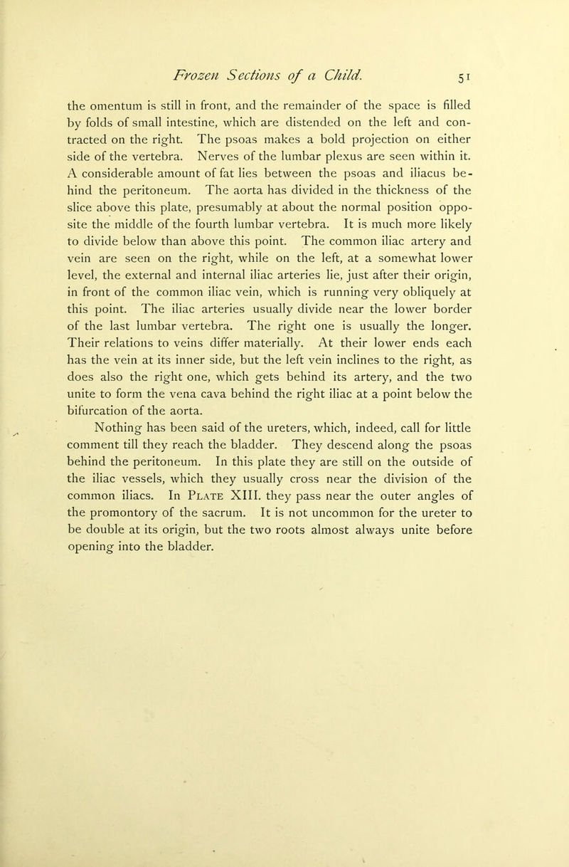 the omentum is still in front, and the remainder of the space is filled by folds of small intestine, which are distended on the left and con- tracted on the right. The psoas makes a bold projection on either side of the vertebra. Nerves of the lumbar plexus are seen within it. A considerable amount of fat lies between the psoas and iliacus be- hind the peritoneum. The aorta has divided in the thickness of the slice above this plate, presumably at about the normal position oppo- site the middle of the fourth lumbar vertebra. It is much more likely to divide below than above this point. The common iliac artery and vein are seen on the right, while on the left, at a somewhat lower level, the external and internal iliac arteries lie, just after their origin, in front of the common iliac vein, which is running very obliquely at this point. The iliac arteries usually divide near the lower border of the last lumbar vertebra. The right one is usually the longer. Their relations to veins differ materially. At their lower ends each has the vein at its inner side, but the left vein inclines to the right, as does also the right one, which gets behind its artery, and the two unite to form the vena cava behind the right iliac at a point below the bifurcation of the aorta. Nothing has been said of the ureters, which, indeed, call for little comment till they reach the bladder. They descend along the psoas behind the peritoneum. In this plate they are still on the outside of the iliac vessels, which they usually cross near the division of the common iliacs. In Plate XIII. they pass near the outer angles of the promontory of the sacrum. It is not uncommon for the ureter to be double at its origin, but the two roots almost always unite before opening into the bladder.