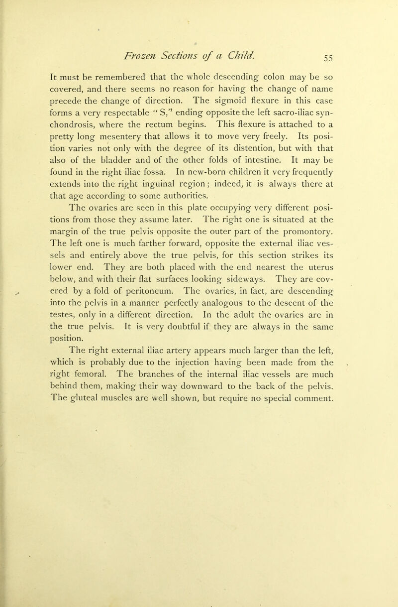 It must be remembered that the whole descending colon may be so covered, and there seems no reason for having the change of name precede the change of direction. The sigmoid flexure in this case forms a very respectable “ S,” ending opposite the left sacro-iliac syn- chondrosis, where the rectum begins. This flexure is attached to a pretty long mesentery that allows it to move very freely. Its posi- tion varies not only with the degree of its distention, but with that also of the bladder and of the other folds of intestine. It may be found in the right iliac fossa. In new-born children it very frequently extends into the right inguinal region ; indeed, it is always there at that age according to some authorities. The ovaries are seen in this plate occupying very different posi- tions from those they assume later. The right one is situated at the margin of the true pelvis opposite the outer part of the promontory. The left one is much farther forward, opposite the external iliac ves- sels and entirely above the true pelvis, for this section strikes its lower end. They are both placed with the end nearest the uterus below, and with their flat surfaces looking sideways. They are cov- ered by a fold of peritoneum. The ovaries, in fact, are descending into the pelvis in a manner perfectly analogous to the descent of the testes, only in a different direction. In the adult the ovaries are in the true pelvis. It is very doubtful if they are always in the same position. The right external iliac artery appears much larger than the left, which is probably due to the injection having been made from the right femoral. The branches of the internal iliac vessels are much behind them, making their way downward to the back of the pelvis. The gluteal muscles are well shown, but require no special comment.
