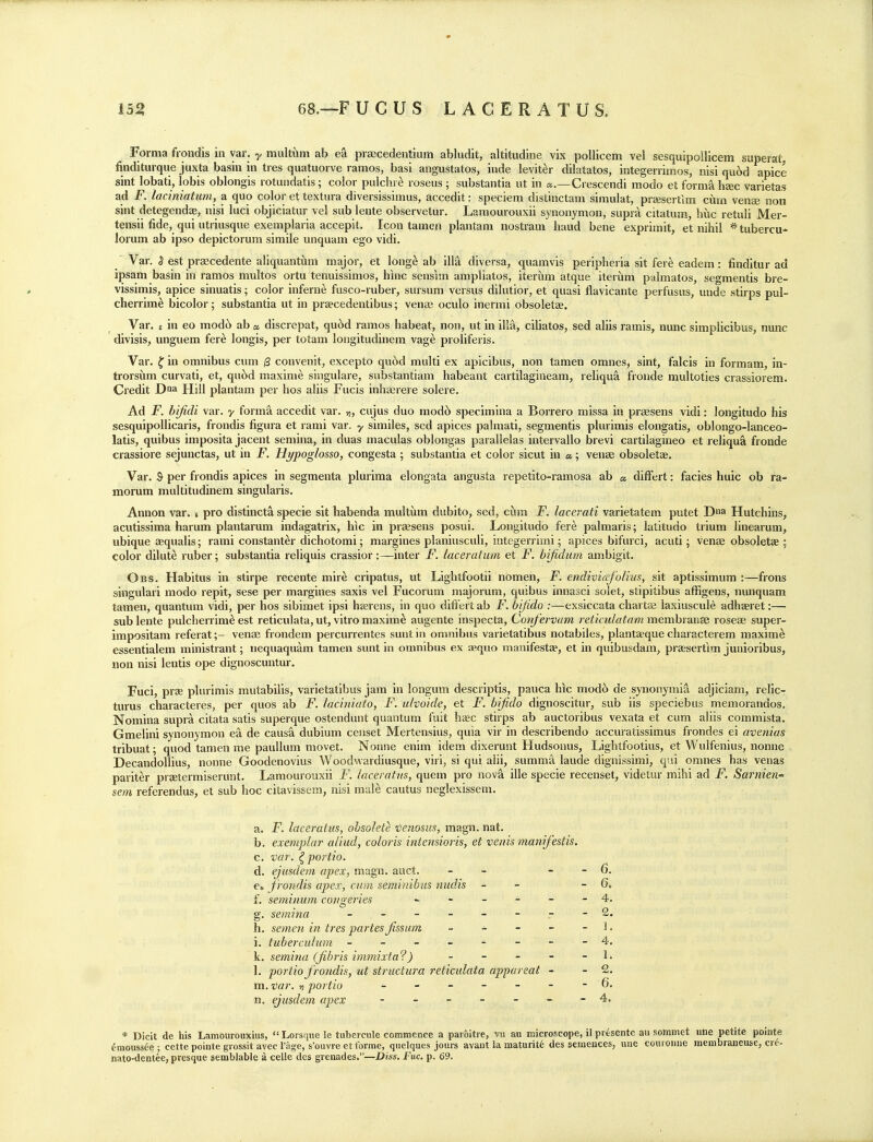 Forma froiidis in var. y multilm ab praecedentium abludit, altitudine vix poUicem vel sesquipoUicem superat, finditurque juxta basin in ties quatuorve ramos, basi angustatos, inde leviter dilatatos, integerrimos, nisi qu6d apice sint lobati, lobis oblongis rotundatis; color pulchi e roseus ; substantia ut in «.—Crescendi modo et form^ haec varietas ad F. laciniatiim, a quo color et textura diversissimus, accedit: speciem distinctam simulat, prsesertlm ciirn venae non sint detegendae, nisi luci objiciatur vel sub lente observetur. Lamourouxii synonymon, supr^ citatum, hue retuli Mer- tensii fide, qui utriusque exemplaria accepit. Icon tamen plantam nostram baud bene exprimit, et nihil * tubercu- lorum ab ipso depictorum simile unquam ego vidi. Var. ,5 est prsecedente aliquantiim major, et long^ ab ilia diversa, quamvis peripheria sit fer^ eadem: finditur ad ipsam basin in ramos multos ortu tenuissimos, hinc sensim ampliatos, iteriim atque iterum palmatos, segmentis bre- vissimis, apice sinuatis; color uiferne fusco-ruber, sursum versus dilutior, et quasi flavicante perfusus, unde stirps pul- cherrime bicolor; substantia ut in prsecedentibus; venae oculo inermi obsoletae. Var. E in eo modi) ab a. discrepat, qu6d ramos habeat, non, ut in ilia, ciliatos, sed aliis ramis, nunc simplicibus, nunc divisis, unguem fere longis, per totam longitudinem vage proliferis. Var. f in omnibus cum /3 convenit, excepto qu6d multi ex apicibus, non tamen omnes, sint, falcis in formam, in- trorsiim curvati, et, qu6d maxime singulare, substantiam habeant cartilagiueam, reliqua fronde multoties crassiorem. Credit D^a Hill plantam per hos aliis Fucis inhaerere solere. Ad F. bifidi var. y forma accedit var. n, cujus duo mod6 specimina a Borrero missa in prsesens vidi: longitudo his sesquipollicaris, frondis figura et rami var. y similes, sed apices palmati, segmentis plurimis elongatis, oblongo-lanceo- latis, quibus imposita jacent semina, in duas maculas oblongas parallelas intervallo brevi cartilagineo et reliqua fronde crassiore sejunctas, ut in jF. Hypoglosso, congesta ; substantia et color sicut in «; venae obsoletae, Var. S per fiondis apices in segmenta plurima elongata angusta repetito-ramosa ab « dilFert: facies huic ob ra- morum multitudinem singularis. Annon var. i pro distincta specie sit habenda multiim dubito, sed, ciim F. lacet'ati varietatem putet Dna Hutchins, acutissima harum plantarum indagatrix, hie in praesens posui. Longitudo fere palmaris; latitudo trium linearum, ubique zequalis; rami constanter dichotomi; margines planiusculi, integerrimi; apices bifurci, acuti; venae obsoletae; color dilute ruber; substantia reliquis crassior:—inter F. laceratuin et F. bifidum ambigit. Obs. Habitus in stirpe recente mire cripatus, ut Lightfootii nomen, F. endiviarfolius, sit aptissimum :—frons singulari modo repit, sese per margines saxis vel Fucorum majorum, quibus innasci solet, stipitibus affigens, nunquam tamen, quantum vidi, per hos sibimet ipsi haerens, in quo diftert ab F. bijido :—exsiccata chartse laxiuscule adhaeret:— sub lente pulcherrime est reticulata, ut, vitro maxim^ augente inspecta, Confervam reticulatam membranse roseae super- impositam referat;- venae frondem percun entes sunt in omnibus varietatibus notabiles, plantaeque characterem maxime essentialem ministrant; nequaquam tamen sunt in omnibus ex asquo manifestae, et in quibusdam, praesertim junioribus, non nisi lentis ope dignoscuntur. Fuci, prae plurimis mutabilis, varietatibus jam in longum descriptis, pauca hie mod6 de synonymia adjiciam, relic- turus characteres, per quos ab F. lachiiuto, F. ulvoide, et F. bijido dignoscitur, sub iis speciebus memorandos. Nomina supra citata satis superque ostendunt quantum fuit haec stirps ab auctoribus vexata et cum aliis commista. Gmelini synonymon ea de causa dubium censet Mertensius, quia vir in describendo accuracissimus frondes ei avenias tribuat; quod tamen me paullum movet. Nonne enim idem dixerunt Hudsonus, Lightfootius, et Wulfenius, nonne DecandoUius, nonne Goodenovius Woodviardiusque, viri, si qui alii, summa laude dignissimi, qui omnes has venas pariter praetermiserunt. Lamourouxii J, lacei ahis, quem pro novi ille specie recenset, videtur mihi ad J*'. Sarnien-= sem referendus, et sub hoc citavissem, nisi mal^ cautus neglexissem. a. -F. laceratus, obsolete tenosus, magn. nat. b. exemplar aliud, coloris intensions, et venis manifestis. c. var. ^portio. d. ejusdem apex, magn. auct. - - - 6. €6 frondis apex, ciun seminibus nudis - - 64 f. seminum congeiies - - - - - - 4. g. semina - --2. h. semen in tres partes fissum - - - - - 1. i. tubercuhim - -- -- -- -4. k. semina (Jibris immixta?) - - - - - 1. 1. portio frondis, ut structura reticulata appareat - - 2. m. var. ri portio - - - - - - - 6. n. ejusdem apex - 4. * Dicit de his Lamburouxius,  Lors(iue le tubercule commence a paroitre, vu au microscope, il pr^sente au sommet une petite pointe ^mouss^e ; cette pointe grossit avec I'age, s'ouvre et forme, quelqaes jours avant la maturity des semences, une couronue membraneuse, cr^- nato-dentee, presque semblable a celle des grenades.—Diss. Fuc. p. 69.