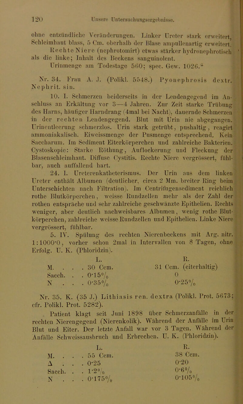 ohne entzündliche Veränderungen. Linker Ureter stark erweitert Schleimhaut blass, 5 Cm. oberhalb der lilase ampullenartig erweitert. Rechte Niere (nephrotomirt) etwas stärker hydronephrotisch als die linke; Inhalt des Reckens sanguinolent. Urinmenge am Todestage 5(50; spec. Gew. 102(5.“ Nr. 34. Frau A. .1. (Polikl. 5548.) Pyonephrosis dextr. Nephrit. sin. 10. I. Schmerzen beiderseits in der Lendengogend im An- schluss an Erkältung vor 3—4 Jahren. Zur Zeit starke Trübung des Harns, häutiger Harndrang (4mal bei Nacht), dauernde Schmerzen in der rechten Lendengegend. Blut mit Urin nie abgegangen. Urinentleerung schmerzlos. Urin stark getrübt, pushaltig, reagirt ammoniakalisch. Eiweissmenge der Pusmenge entsprechend. Kein Saccharin». Im Sediment Eiterkörperchen und zahlreiche Bakterien. Cystoskopio: Starke Röthung, Auflockerung und Fleckung der Blasenschleimhaut. Diffuse Cystitis. Rechte Niere vergrössert, fühl- bar, auch auffallend hart. 24. I. Uretercnkathetcrismus. Der Urin aus dem linken Ureter enthält Albumen (deutlicher, circa 2 Mm. breiter Ring beim Unterschichten nach Filtration). Im Centrifugensediment reichlich rothe Blutkörperchen, weisse Rundzellen mehr als der Zahl der rothen entspräche und sehr zahlreiche geschwänzte Epithelien. Rechts weniger, aber deutlich nachweisbares Albumen, wenig rothe Blut- körperchen, zahlreiche weisse Rundzellen und Epithelien. Linke Niere vergrössert, fühlbar. 5. IV. Spülung des rechten Nierenbeckens mit Arg. nitr. 1:1000*0, vorher schon 2mal in Intervallen von 8 Tagen, ohne Erfolg. U. K. (Phloridzin). L. M. ... 30 Ccm Sacch. . . 0T5% N . . . 0-35% R. 31 Ccm. (eiterhaltig) 0 0*25% Nr. 35. K. (35 J.) Lithiasis ren. dextra (Polikl. Prot. 5(573; cfr. Polikl. Prot. 5282). Patient klagt seit Juni 1898 über Schmerzanfalle in der rechten Nierengegend (Nierenkolik). Während der Anfalle im Urin Blut und Eiter. Der letzte Anfall war vor 3 Tagen. Während der Anfälle Schweissausbruch und Erbrechen. U. lv. (Phloridzin). M. . A . Sacch. N . L. . 55 Ccm. . 0-25 . 1*2% . 0*175% R. 38 Ccm. 0*20 0*6% 0*105%