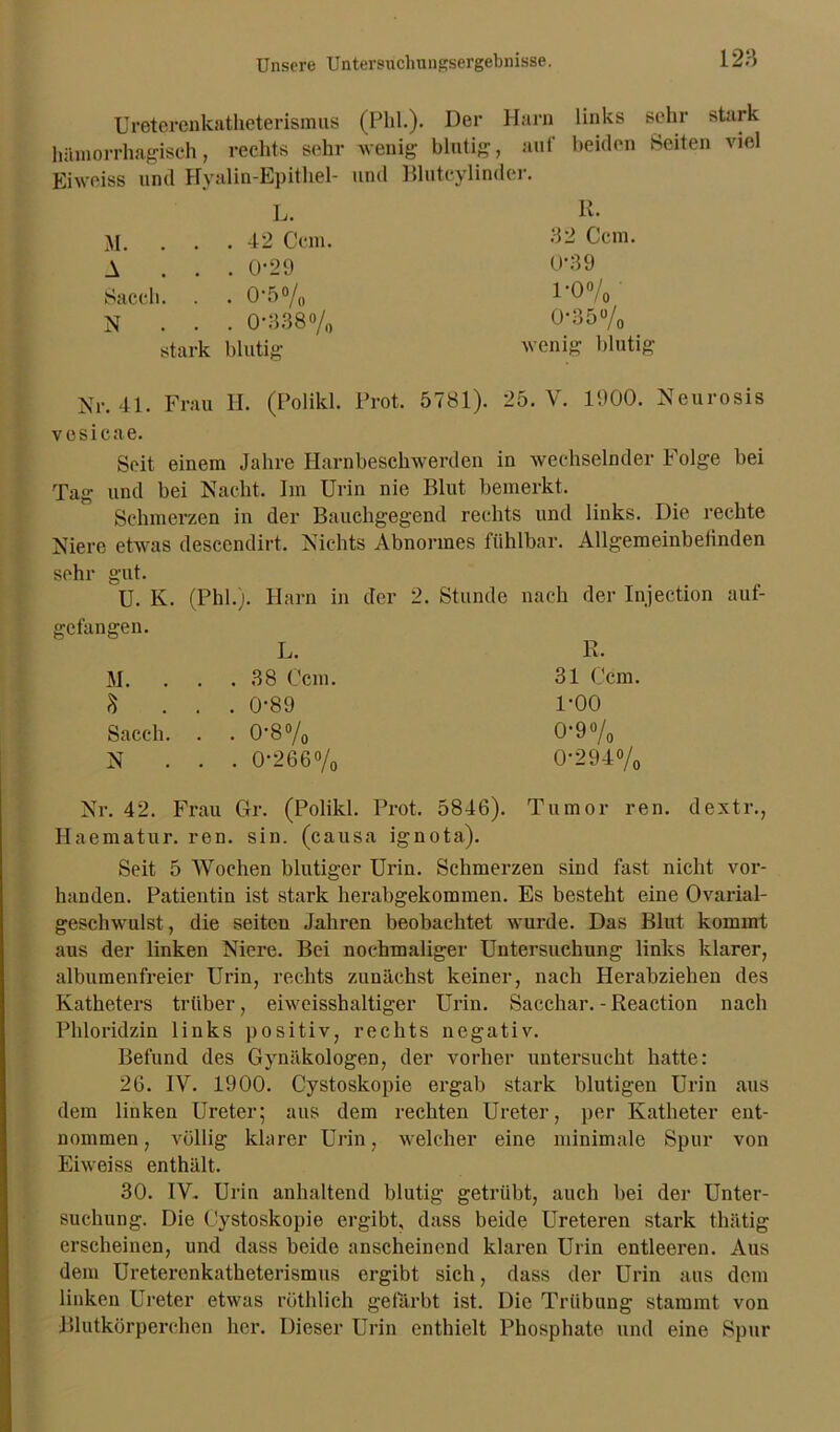 Ureterenkatheterismus (Phi.). Der Harn links sehr stark hämorrhagisch, rechts sehr wenig blutig, auf beiden Beiten viel Eiweiss und Hyalin-Epithel- und Blutcylinder. L. M. . . .42 Ccm. A . . . 0-29 Sacch. . . 0-5% N . . . 0-338% stark blutig R. 32 Ccm. 0- 39 1- o% 0‘35°/o _ wenig blutig Nr. 41. Frau II. (Polikl. Prot. 5781). 25. V. 1900. Neurosis vesicae. Seit einem Jahre Harnbeschwerden in wechselnder Folge bei Tag und bei Nacht. Im Urin nie Blut bemerkt. Schmerzen in der Bauchgegend rechts und links. Die rechte Niere etwas descendirt. Nichts Abnormes fühlbar. Allgemeinbeiinden sehr gut. U. K. (Phi.). Harn in der 2. Stunde nach der Injection auf- gefangen. L. R. M. . . .38 Ccm. 31 Ccm. 8 ... 0-89 1-00 Sacch. . . 0-8% 0*9% N . . . 0-266% 0-294% Nr. 42. Frau Gr. (Polikl. Prot. 5846). Tumor ren. dextr., Haematur, ren. sin. (causa ignota). Seit 5 Wochen blutiger Urin. Schmerzen sind fast nicht vor- handen. Patientin ist stark herabgekommen. Es besteht eine Ovarial- geschwulst, die seiten Jahren beobachtet wurde. Das Blut kommt aus der linken Niere. Bei nochmaliger Untersuchung links klarer, albumenfreier Urin, rechts zunächst keiner, nach Herabziehen des Katheters trüber, eiweisshaltiger Urin. Sacchar. - Reaction nach Phloridzin links positiv, rechts negativ. Befund des Gynäkologen, der vorher untersucht hatte: 26. IV. 1900. Cystoskopie ergab stark blutigen Urin aus dem linken Ureter; aus dem rechten Ureter, per Katheter ent- nommen, völlig klarer Urin, welcher eine minimale Spur von Eiweiss enthält. 30. IV. Urin anhaltend blutig getrübt, auch bei der Unter- suchung. Die Cystoskopie ergibt, dass beide Ureteren stark thätig erscheinen, und dass beide anscheinend klaren Urin entleeren. Aus dem Ureterenkatheterismus ergibt sich, dass der Urin aus dem linken Ureter etwas röthlich gefärbt ist. Die Trübung stammt von Blutkörperchen her. Dieser Urin enthielt Phosphate und eine Spur