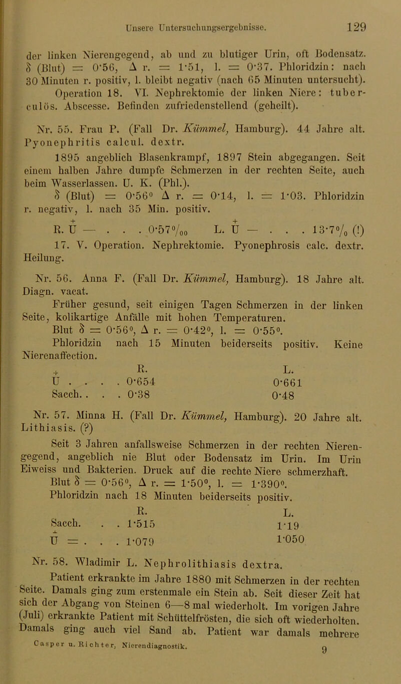 der linken Nierengegend, ab und zu blutiger Urin, oft Bodensatz. ft (Blut) = 0*56, A r. = 1*51, 1. = 0'37. Phloridzin: nach 30 Minuten r. positiv, 1. bleibt negativ (nach (15 Minuten untersucht). Operation 18. VI. Nephrektomie der linken Niere: tuber- culös. Abscesse. Befinden zufriedenstellend (geheilt). Nr. 55. Frau P. (Fall Dr. Kümmel, Hamburg). 44 Jahre alt. Pyonephritis calcul. dextr. 1895 angeblich Blasenkrampf, 1897 Stein abgegangen. Seit einem halben Jahre dumpfe Schmerzen in der rechten Seite, auch beim Wasserlassen. U. K. (Phi.). S (Blut) 0’56° A r. = 0‘14, 1. = 1*03. Phloridzin r. negativ, 1. nach 35 Min. positiv. B. U — . . . 0-57°/oo L. U - . . . 13*7% (!) 17. V. Operation. Nephrektomie. Pyonephrosis calc. dextr. Heilung. Nr. 56. Anna F. (Fall Dr. Kümmel, Hamburg). 18 Jahre alt. Diagn. vacat. Früher gesund, seit einigen Tagen Schmerzen in der linken Seite, kolikartige Anfälle mit hohen Temperaturen. Blut 8 = 0-560, Ar. = 0*42°, 1. = 0-55°. Phloridzin nach 15 Minuten beiderseits positiv. Keine Nierenaftection. + R. L. U . . . . 0-654 0-661 Sacch. . . . 0-38 0'48 Nr. 57. Minna H. (Fall Dr. Kümmel, Hamburg). 20 Jahre alt. Lithiasis. (?) Seit 3 Jahren anfallsweise Schmerzen in der rechten Nieren- gegend, angeblich nie Blut oder Bodensatz im Urin. Im Urin Eiweiss und Bakterien. Druck auf die rechte Niere schmerzhaft. Blut § = 0-56°, A r. = 1-50°, 1. = 1-390°. Phloridzin nach 18 Minuten beiderseits positiv. R. L. Sacch. . 1*515 119 U = . . . 1-079 1,050 Nr. 58. Wladimir L. Nephrolithiasis dextra. Patient erkrankte im Jahre 1880 mit Schmerzen in der x-echten Seite. Damals ging zum erstenmale ein Stein ab. Seit dieser Zeit hat sich der Abgang von Steinen 6—8 mal wiederholt. Im vorigen Jahre (Juü) erkrankte Patient mit Schüttelfrösten, die sich oft wiederholten. Damals ging auch viel Sand ab. Patient war damals mehrere Casper u. Richter, Nierendiagnostik. 9