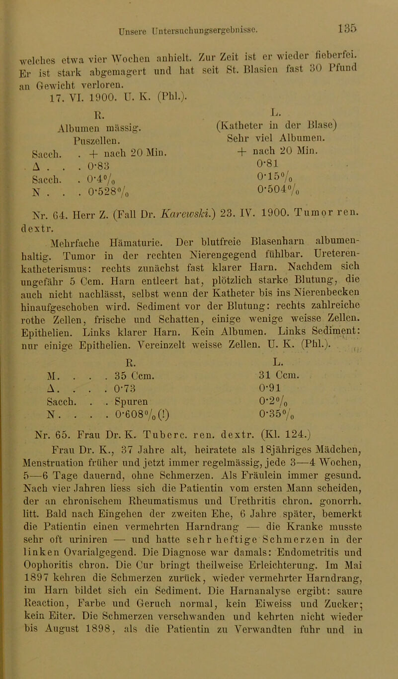 welches Er ist stark abgemagert an Gewicht verloren. 17. VI. 1900. U. Iv. (Phi.). K. Albumen massig. Puszellen. Sacch. . + nach 20 Min. A . . . 0-83 Sacch. . 0-4% N . . . 0*528% seit St. Blasien fast 30 Pfund L. (Katheter in der Blase) Sehr viel Albumen. + nach 20 Min. 0-81 0-15 o/0 0-504% etwa vier Wochen anhielt. Zur Zeit ist er wiedct und hat lieberfei. Kr. 64. Herr Z. (Fall Dr. Karewski.) 23. IV. 1900. Tumor ren. dextr. Mehrfache Hämaturie. Der blutfreie Blasenharn albumen- haltig. Tumor in der rechten Nierengegend fühlbar. Ureteren- katheterismus: rechts zunächst fast klarer Harn. Nachdem sich ungefähr 5 Ccm. Harn entleert hat, plötzlich starke Blutung, die auch nicht nachlässt, selbst wenn der Katheter bis ins Nierenbecken hinaufgeschoben wird. Sediment vor der Blutung: rechts zahlreiche rothe Zellen, frische und Schatten, einige wenige weisse Zellen. Epithelien. Links klarer Harn. Kein Albumen. Links Sediment: nur einige Epithelien. Vereinzelt weisse Zellen. U. Iv. (Phi.). R. L. M. . . .35 Ccm. 31 Ccm. A. . . . 0-73 0-91 Sacch. . . Spuren 0-2% N. . . . 0-608%(!) 0-35% Nr. 65. Frau Dr. Iv. Tuberc. ren. dextr. (Kl. 124.) Frau Dr. K., 37 Jahre alt, heiratete als I8jähriges Mädchen, Menstruation früher und jetzt immer regelmässig, jede 3—4 Wochen, 5—6 Tage dauernd, ohne Schmerzen. Als Fräulein immer gesund. Nach vier Jahren liess sich die Patientin vom ersten Mann scheiden, der an chronischem Rheumatismus und Urethritis chron. gonorrh. litt. Bald nach Eingehen der zweiten Ehe, 6 Jahre später, bemerkt die Patientin einen vermehrten Harndrang — die Kranke musste sehr oft uriniren — und hatte sehr heftige Schmerzen in der linken Ovarialgegend. Die Diagnose war damals: Endometritis und Oophoritis chron. Die Cur bringt theilweise Erleichterung. Im Mai 1897 kehren die Schmerzen zurück, wieder vermehrter Harndrang, im Harn bildet sich ein Sediment. Die Hai’nanalyse ergibt: saure Reaction, Farbe und Geruch normal, kein Eiweiss und Zucker; kein Eiter. Die Schmerzen verschwanden und kehrten nicht wieder bis August 1898, als die Patientin zu Verwandten fuhr und in
