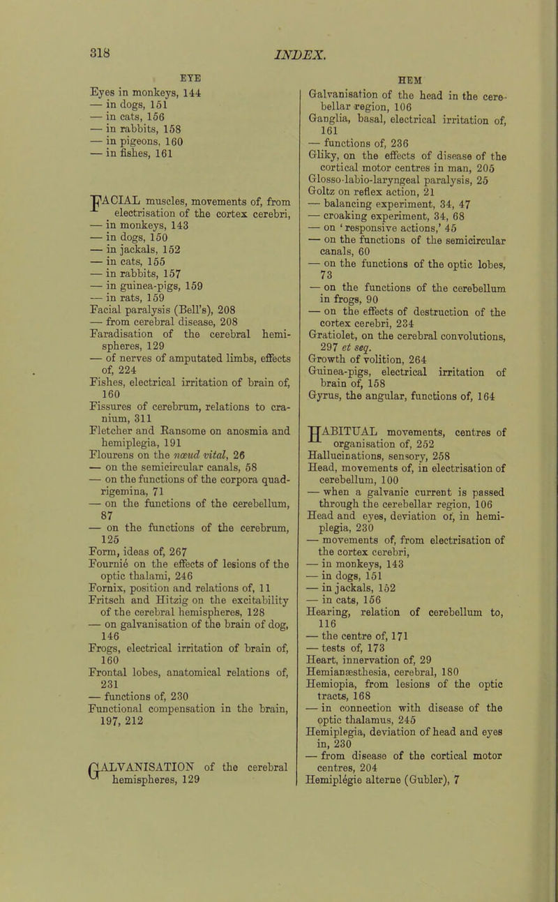 EYE Eyes in monkeys, 144 — in dogs, 151 — in cats, 156 — in rabbits, 158 — in pigeons, 160 — in fishes, 161 PACIAL miiscles, movements of, from electrisation of the cortex cerebri, — in monkeys, 143 — in dogs, 150 — in jackals, 152 — in cats, 155 — in rabbits, 157 — in guinea-pigs, 159 — in rats, 159 Facial paralysis (Bell's), 208 — from cerebral disease, 208 Faradisation of the cerebral hemi- spheres, 129 — of nerves of amputated limbs, effects of, 224 Fishes, electrical irritation of brain of, 160 Fissures of cerebrum, relations to cra- nium, 311 Fletcher and Eansome on anosmia and hemiplegia, 191 Flourens on the naud vital, 26 — on the semicircular canals, 58 — on the functions of the corpora quad- rigemina, 71 — on the functions of the cerebellum, 87 — on the functions of the cerebrum, 125 Form, ideas of, 267 Fourni6 on the effects of lesions of the optic thalami, 246 Fornix, position and relations of, 11 Fritsch and Hitzig on the excitability of the cerebral hemispheres, 128 — on galvanisation of the brain of dog, 146 Frogs, electrical irritation of brain of, 160 Frontal lobes, anatomical relations of, 231 — functions of, 230 Functional compensation in the brain, 197, 212 LVANISATION of the cerebral hemispheres, 129 HEM Galvanisation of the head in the cere- bellar region, 106 Ganglia, basal, electrical irritation of, 161 — functions of, 236 Gliky, on the effects of disease of the cortical motor centres in man, 205 Glosso labio-laryngeal paralysis, 25 Goltz on reflex action, 21 — balancing experiment, 34, 47 — croaking experiment, 34, 68 — on 'responsive actions,' 45 — on the functions of the semicircular canals, 60 — on the functions of the optic lobes, 73 — on the functions of the cerebellum in frogs, 90 — on the effects of destruction of the cortex cerebri, 234 Gratiolet, on the cerebral convolutions, 297 et seq. Growth of volition, 264 Guinea-pigs, electrical irritation of brain of, 158 Gyrus, the angular, functions of, 164 TTABITUAL movements, centres of organisation of, 252 Hallucinations, sensory, 258 Head, movements of, in electrisation of cerebellum, 100 — when a galvanic current is passed through the cerebellar region, 106 Head and eyes, deviation of, in hemi- plegia, 230 — movements of, from electrisation of the cortex cerebri, — in monkeys, 143 — in dogs, 151 — in jackals, 152 — in cats, 156 Hearing, relation of cerebellum to, 116 — the centre of, 171 — tests of, 173 Heart, innervation of, 29 Hemianaestbesia, cerebral, 180 Hemiopia, from lesions of the optic tracts, 168 — in connection with disease of the optic thalamus, 245 Hemiplegia, deviation of head and eyes in, 230 — from disease of the cortical motor centres, 204 Hemipl^gie alterne (Gubler), 7