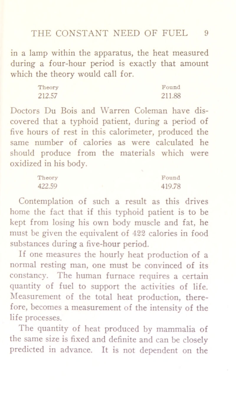 in a lamp within the apparatus, the heat measured during a four-hour period is exactly that amount which the theory would call for. Theory Found 212.57 211.88 Doctors Du Bois and Warren Coleman have dis- covered that a typhoid patient, during a period of five hours of rest in this calorimeter, produced the same number of calories as were calculated he should produce from the materials which were oxidized in his body. Theory Found 422.59 419.78 Contemplation of such a result as this drives home the fact that if this typhoid patient is to be kept from losing his own body muscle and fat, he must be given the equivalent of 422 calories in food substances during a five-hour period. If one measures the hourly heat production of a normal resting man, one must be convinced of its constancy. The human furnace requires a certain quantity of fuel to support the activities of life. Measurement of the total heat production, there- fore, becomes a measurement of the intensity of the life processes. I he quantity of heat produced by mammalia of the same size is fixed and definite and can be closely predicted in advance. It is not dependent on the