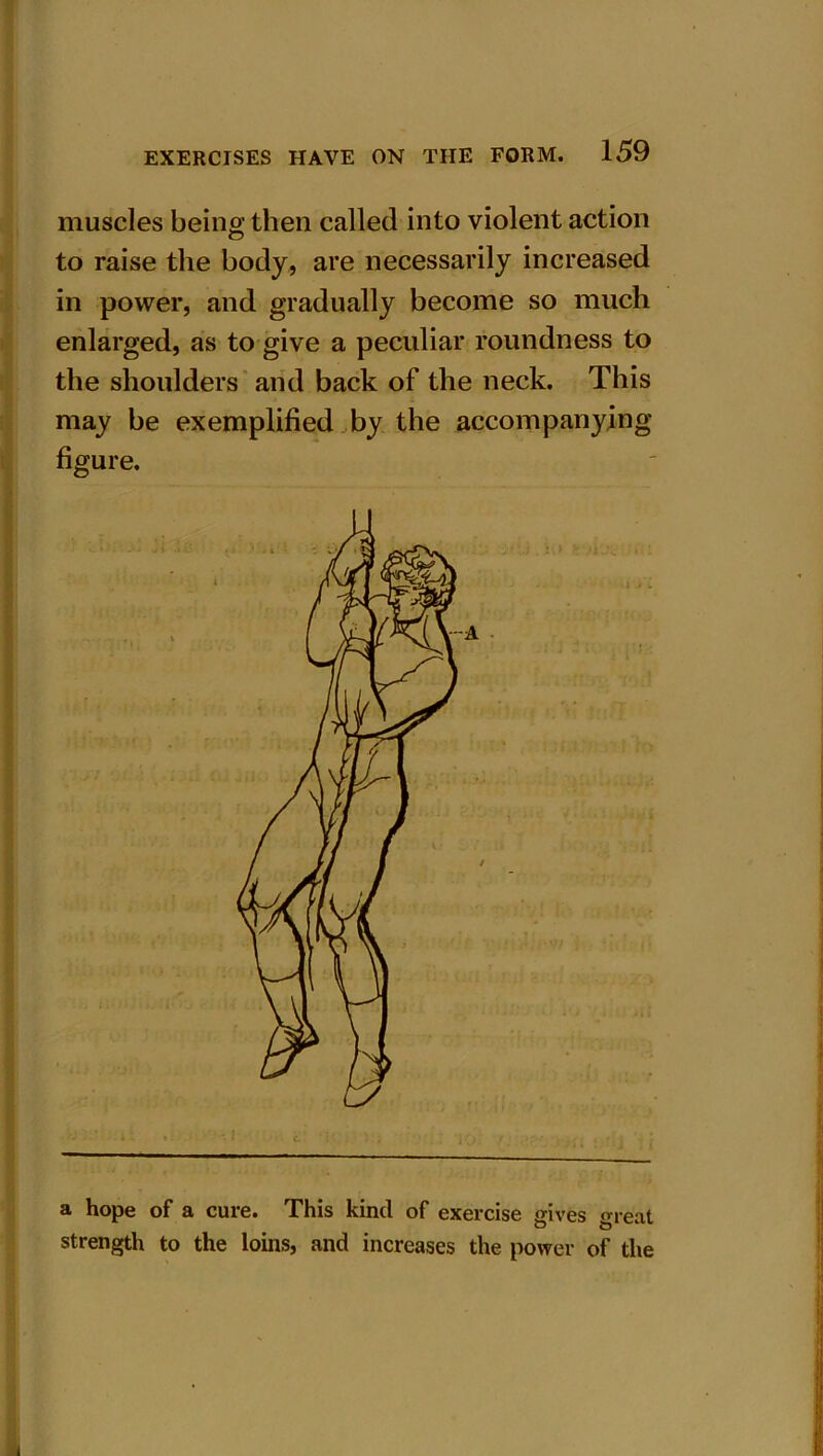 muscles being then called into violent action to raise the body, are necessarily increased in power, and gradually become so much enlarged, as to give a peculiar roundness to the shoulders and back of the neck. This may be exemplified by the accompanying figure. • I a hope of a cure. This kind of exercise gives wreat strength to the loins, and increases the power of the