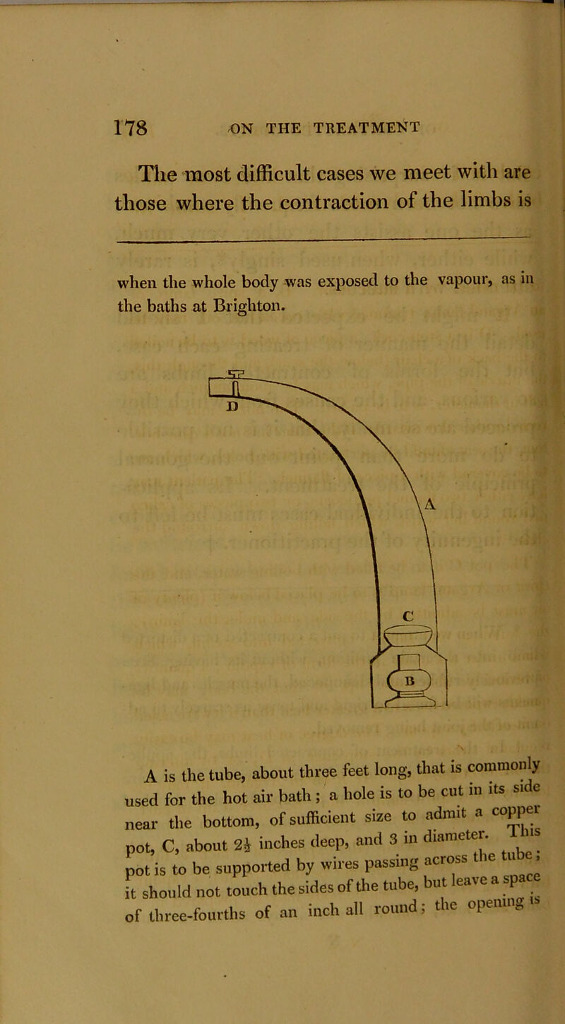 The most difficult cases we meet with are those where the contraction of the limbs is when the whole body was exposed to the vapour, as in the baths at Brighton. A is the tube, about three feet long, that is commonly used for the hot air bath ; a hole is to be cut in its si e near the bottom, of sufficient size to admit a copper pot, C, about 3* inches deep, and 3 in diameter, ibis pot is to be supported by wires passing across the tu, it should not touch the sides of the tube, but eave p of three-fourths of an inch all round; the opening «.