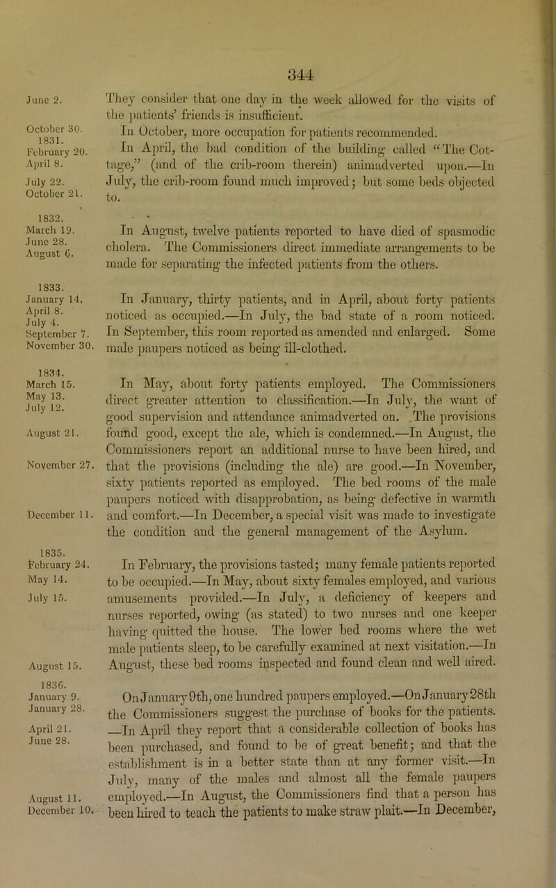 June 2. October 30. 1831. February 20. April 8. July 22. October 21. 1832. March 19. June 28. August 0. 1833. January 14, April 8. July 4. September 7. November 30. 1834. March 15. May 13. July 12. August 21. November 27. December 11. 1835. February 24. May 14. July 15. August 15. 1830. January 9. January 28. April 21. June 28. August 11. December 10. They consider that one day in the week allowed for the visits of the patients’ friends is insufficient. In October, more occupation for patients recommended. In April, the bad condition of the building- called “The Cot- tage,” (and of the crib-room therein) animadverted upon.—In July, the crib-room found much improved; but some beds objected to. In August, twelve patients reported to have died of spasmodic cholera. The Commissioners direct immediate arrangements to be made for separating the infected patients from the others. In January, thirty patients, and in April, about forty patients noticed as occupied.—In July, the bad state of a room noticed. In September, this room reported as amended and enlarged. Some male paupers noticed as being ill-clothed. In May, about forty patients employed. The Commissioners direct greater attention to classification.—In July, the want of good supervision and attendance animadverted on. .The provisions found good, except the ale, which is condemned.—In August, the Commissioners report an additional nurse to have been hired, and that the provisions (including the ale) are good.—In November, sixty patients reported as employed. The bed rooms of the male paupers noticed with disapprobation, as being defective in warmth and comfort.—In December, a special visit was made to investigate the condition and the general management of the Asylum. In February, the provisions tasted; many female patients reported to be occupied.—In May, about sixty females employed, and various amusements provided.—In July, a deficiency of keepers and nurses reported, owing (as stated) to two nurses and one keeper having (putted the house. The lower bed rooms where the wet male patients sleep, to be carefully examined at next visitation.—In August, these bed rooms inspected and found clean and well aired. On January 9th, one hundred paupers employed.—On January 28tli the Commissioners suggest the purchase of books for the patients. In April they report that a considerable collection of books has been purchased, and found to he of great benefit; and that the establishment is in a better state than at any former visit.—In July, many of the males and almost all the female paupers employed.—In August, the Commissioners find that a person has been tired to teach the patients to make straw plait.—In December,