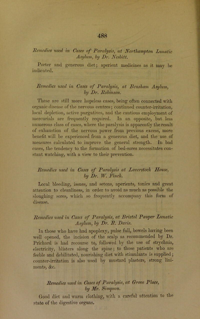 Remedies vsed in Cases of Paralysis, at Northampton Lunatic Asylum, by Dr. Nesbitt. Porter and generous diet; aperient medicines as it may be indicated. Remedies used in Cases of Paralysis, at Benshani Asylum, by Dr. Robinson. These are still more hopeless cases, being often connected with organic disease of the nervous centres; continued counter-irritation, local depletion, active purgatives, and the cautious employment of mercurials are frequently required. In an opposite, hut less numerous class of cases, where the paralysis is apparently the result of exhaustion of the nervous power from previous excess, more benefit will he experienced from a generous diet, and the use of measures calculated to improve the general strength. In had cases, the tendency to the formation of bed-sores necessitates con- stant watching, with a view to their prevention. Remedies vsed in Cases of Paralysis at Laverstock House, by Dr. IF. Finch. Local bleeding, issues, and setons, aperients, tonics and great attention to cleanliness, in order to avoid as much as possible the sloughing sores, which so frequently accompany this form of disease. Remedies used in Cases of Paralysis, at Bristol Pauper Lunatic Asylum, by Dr. R. Davis. In those who have had apoplexy, pulse full, bowels having been well opened, the incision of the scalp as recommended by Dr. Prichard is had recourse to, followed by the use of strychnia, electricity, blisters along the spine; to those patients who are feeble and debilitated, nourishing diet with stimulants is supplied; counter-irritation is also used by mustard plasters, strong lini- ments, &c. Remedies used in Cases of Paralysis, at Grove Place, by Mr. Simpson. Good diet and warm clothing, with a careful attention to the state of the digestive organs.