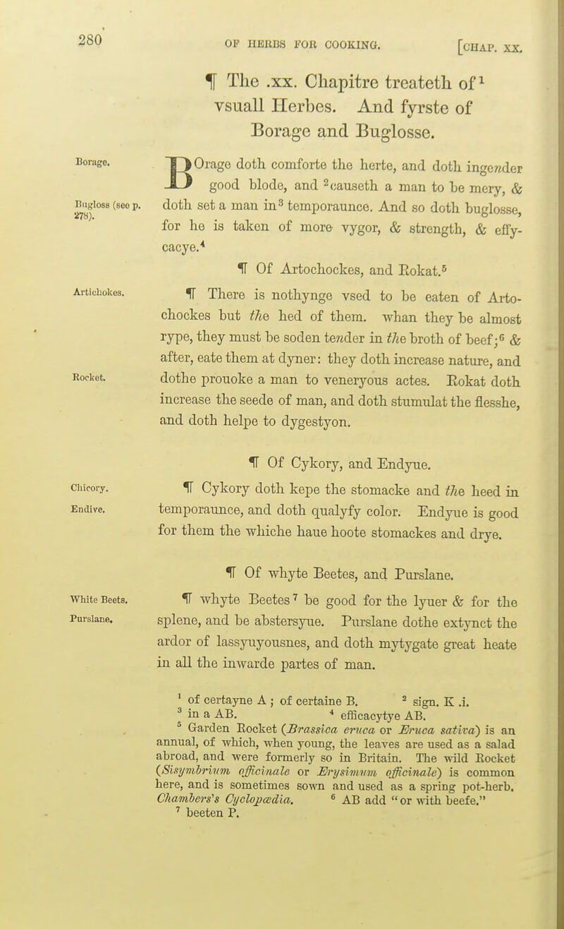 Borago. Biigloss (800 p. 2V8). Artieliokos. Rocket. Chicory. Endive. Wliite Beets. Parslane. t The .XX. Cliapitre treateth of ^ vsuall Herbes. And fyrste of Borage and Buglosse. BOrage doth comforte the herte, and doth ingcwder good blode, and ^causeth a man to be mery, & doth set a man in^ temporaunce. And so doth buglosse, for he is taken of more vygor, & strength, & effy- cacye.'* IT Of Artochockes, and Eokat.' IT There is nothynge vsed to be eaten of Ai-to- chockes but the> hed of them, whan they be almost rype, they must be soden te?zder in the broth of beef; & after, eate them at dyner: they doth increase nature, and dothe prouoke a man to veneryous actes. Eokat doth increase the seede of man, and doth stumulat the flesshe, and doth helpe to dygestyon. IT Of Cykory, and Endyue. IT Cykory doth kepe the stomacke and the heed in temporaunce, and doth qualyfy color. Endyue is good for them the whiche haue hoote stomackes and drye. IT Of whyte Beetes, and Purslane. IF whyte Eeetes ^ be good for the lyuer & for the splene, and be abstersyne. Purslane dothe extynct the ardor of lassynyousnes, and doth mytygate great heate in all the inwarde partes of man. ' of certayne A ; of certaine B. ^ sign. K .i. ^ in a AB. efficacytye AB. ^ Garden Eocket (Brasdca ernca or Enica sativa) is an annual, of which, when young, the leaves are used as a salad abroad, and were formerly so in Britain. The wild Eocket {Sisymhrimn officinale or Errjsimvm officinale) is common here, and is sometimes sown and used as a spring pot-herb. Chamlers's Cyclopcedm. ^ AB add or with beefe. ' beeten P.